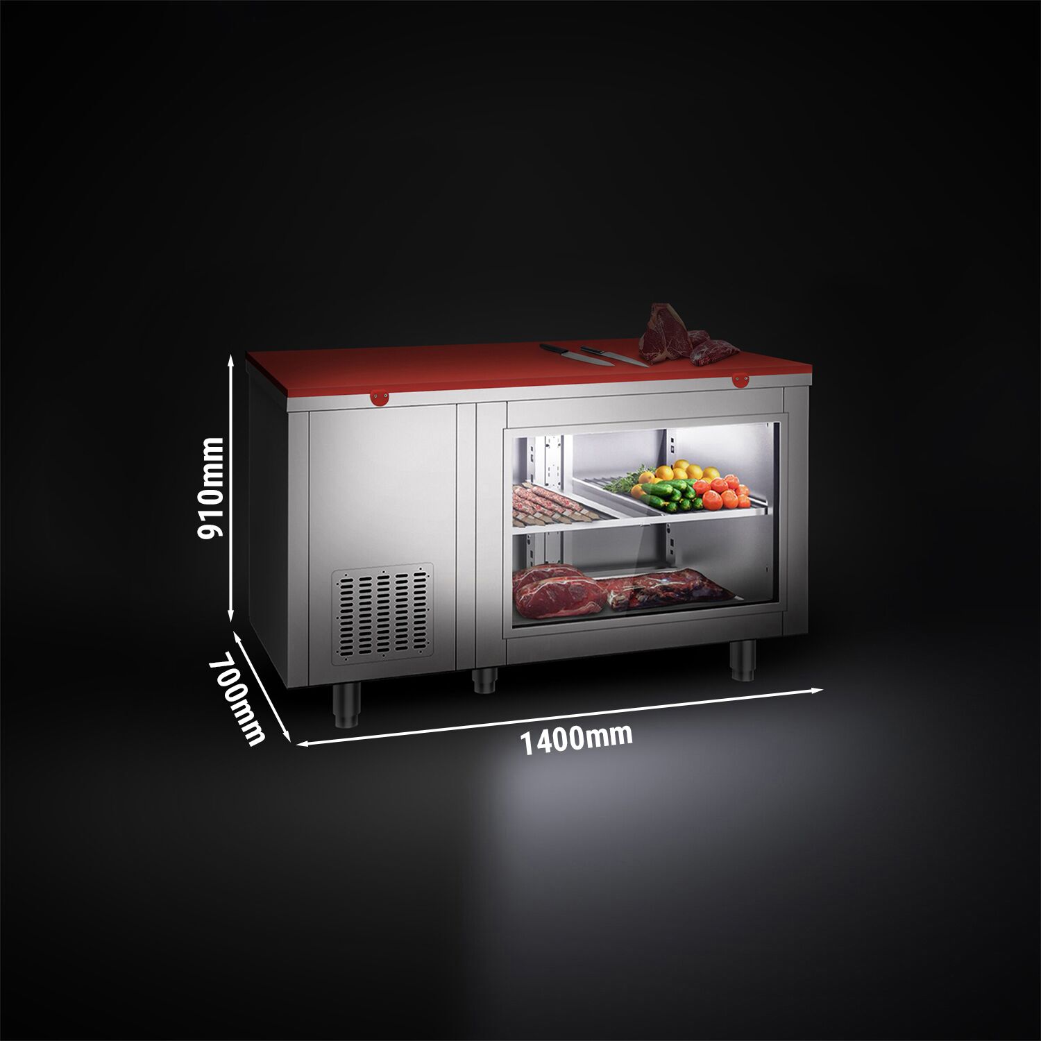 Refrigerated Counter – 1400 × 700 mm – Rear Side with 2 Doors – Glass Front – incl. Red Cutting Board