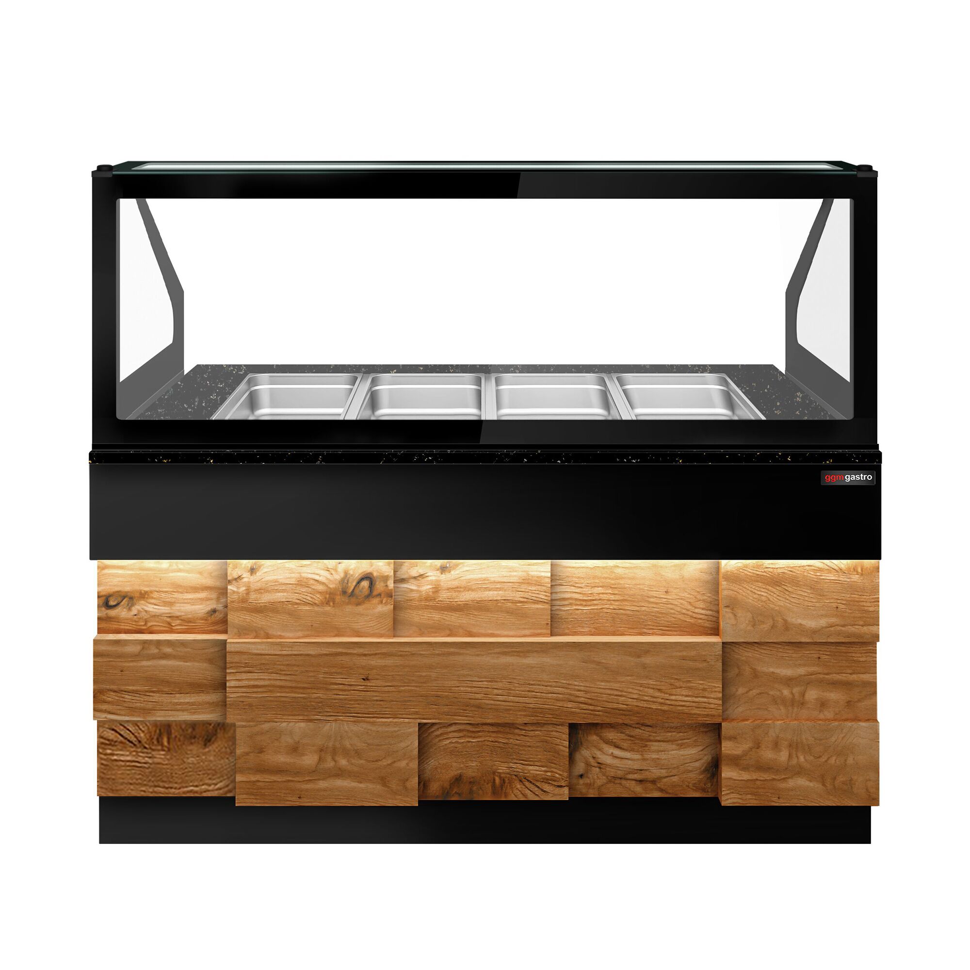 Saladette réfrigérée - 1500mm - façade décor bois naturel - 2 portes - avec vitrine de comptoir pour 4x GN 1/1 & 1 étagère - plan de travail en granit noir