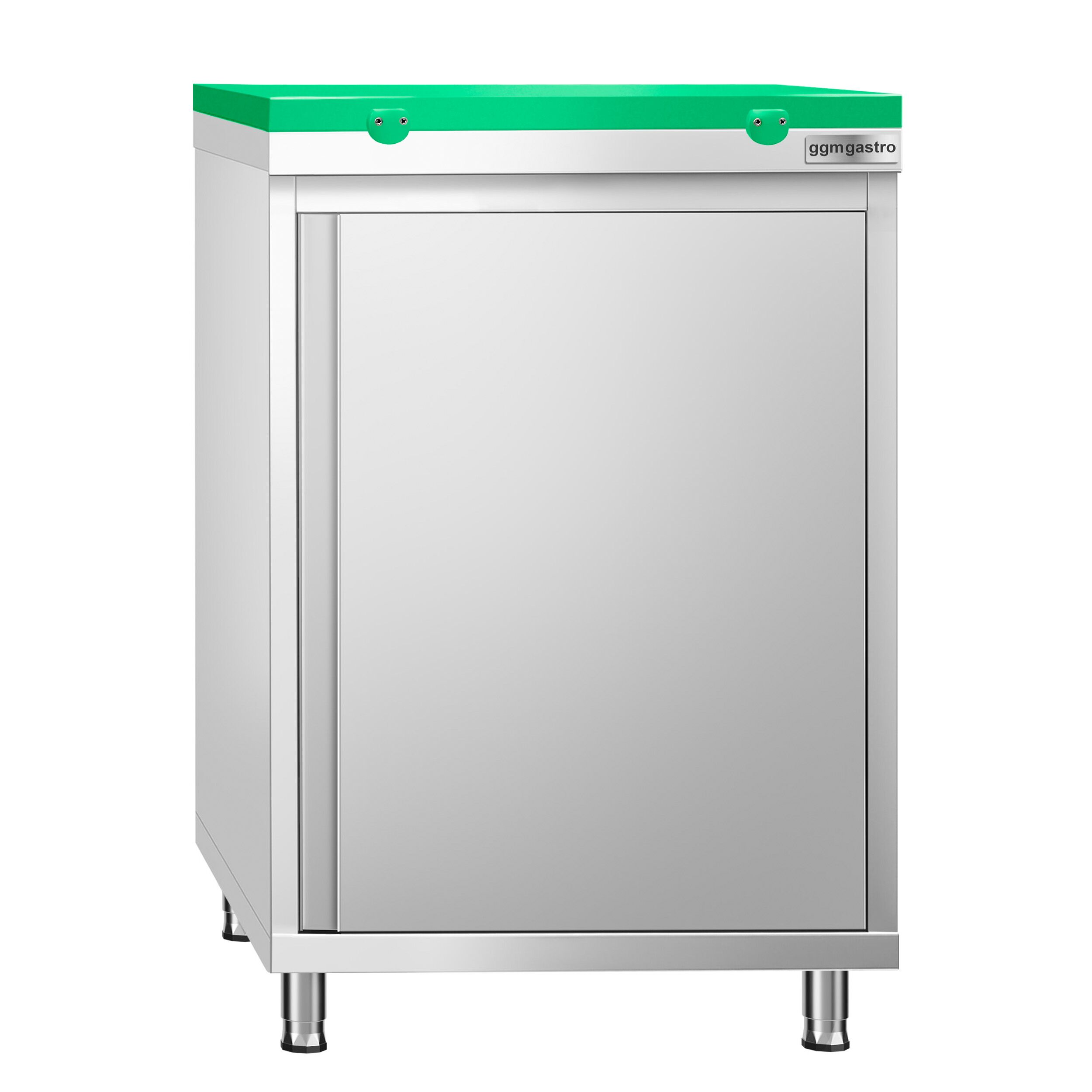 Table armoire en acier inoxydable PREMIUM - 600x600mm - avec porte battante - incl. plateau de découpe Vert PEHD (HACCP) - pour fruits et légumes