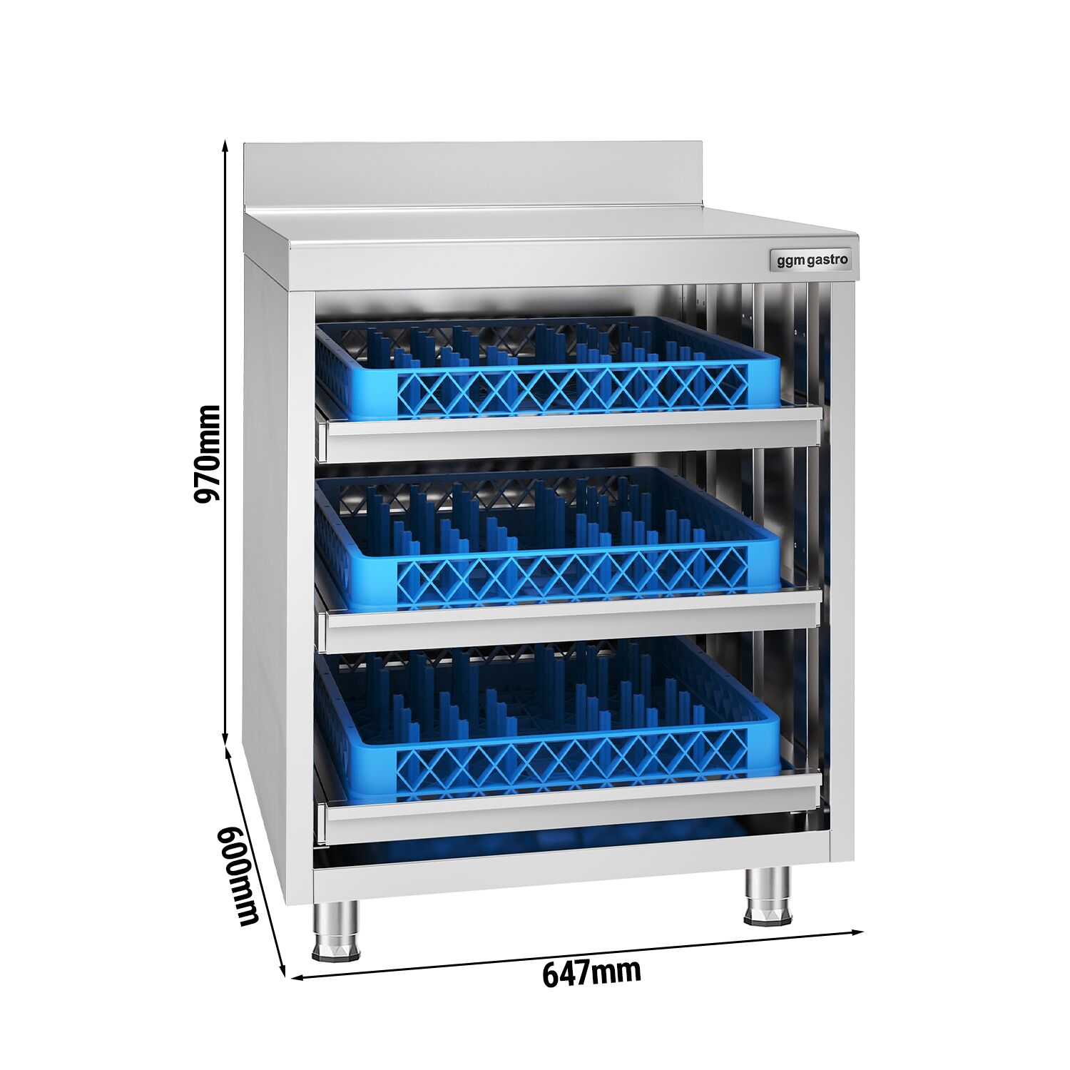 Szafka robocza ze stali nierdzewnej - 647x600mm - z 3 szufladami, z rantem