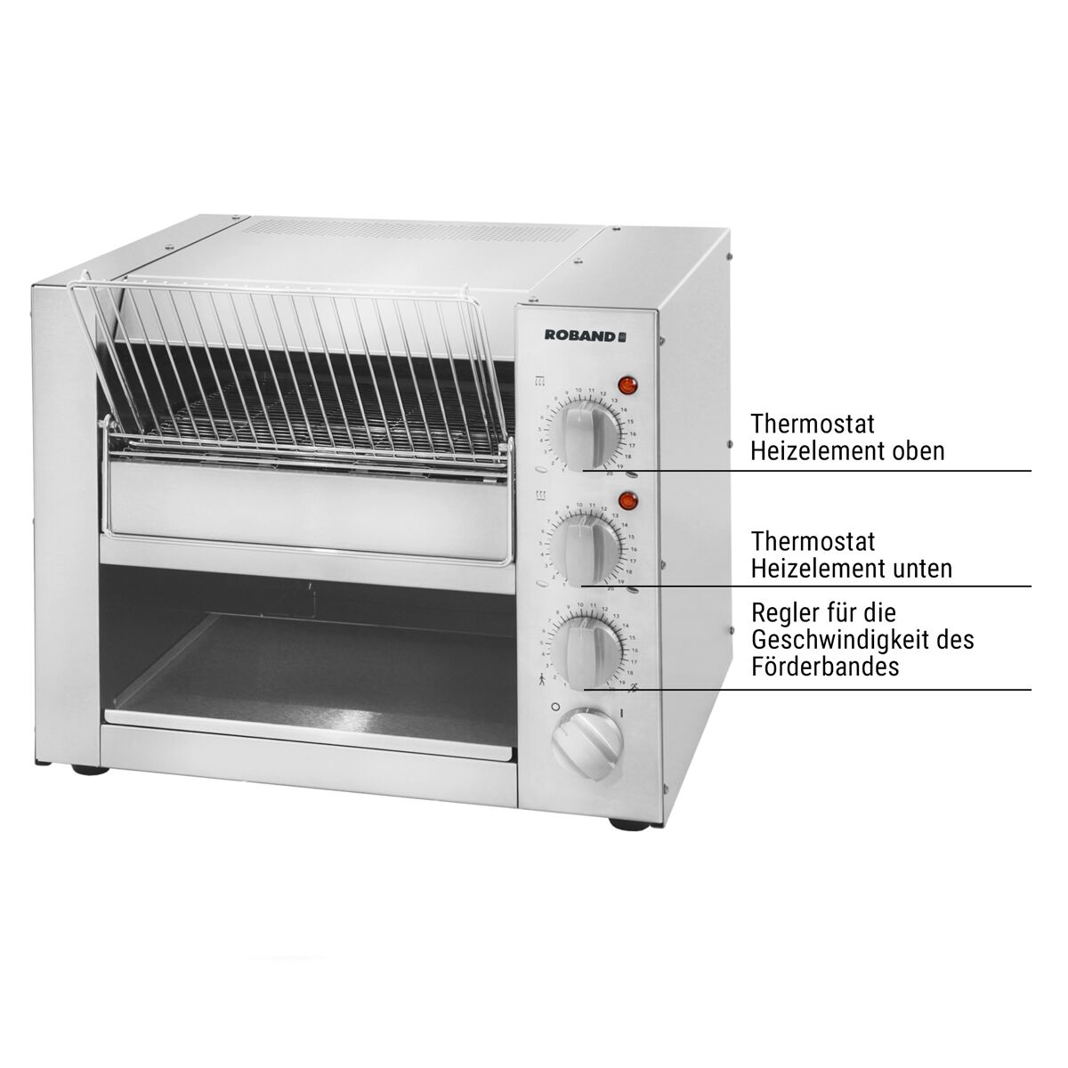 ROBAND | Commercial Conveyor Toaster – 500 slices/hour - 3.22 kW - stainless steel - Ø120 mm buns