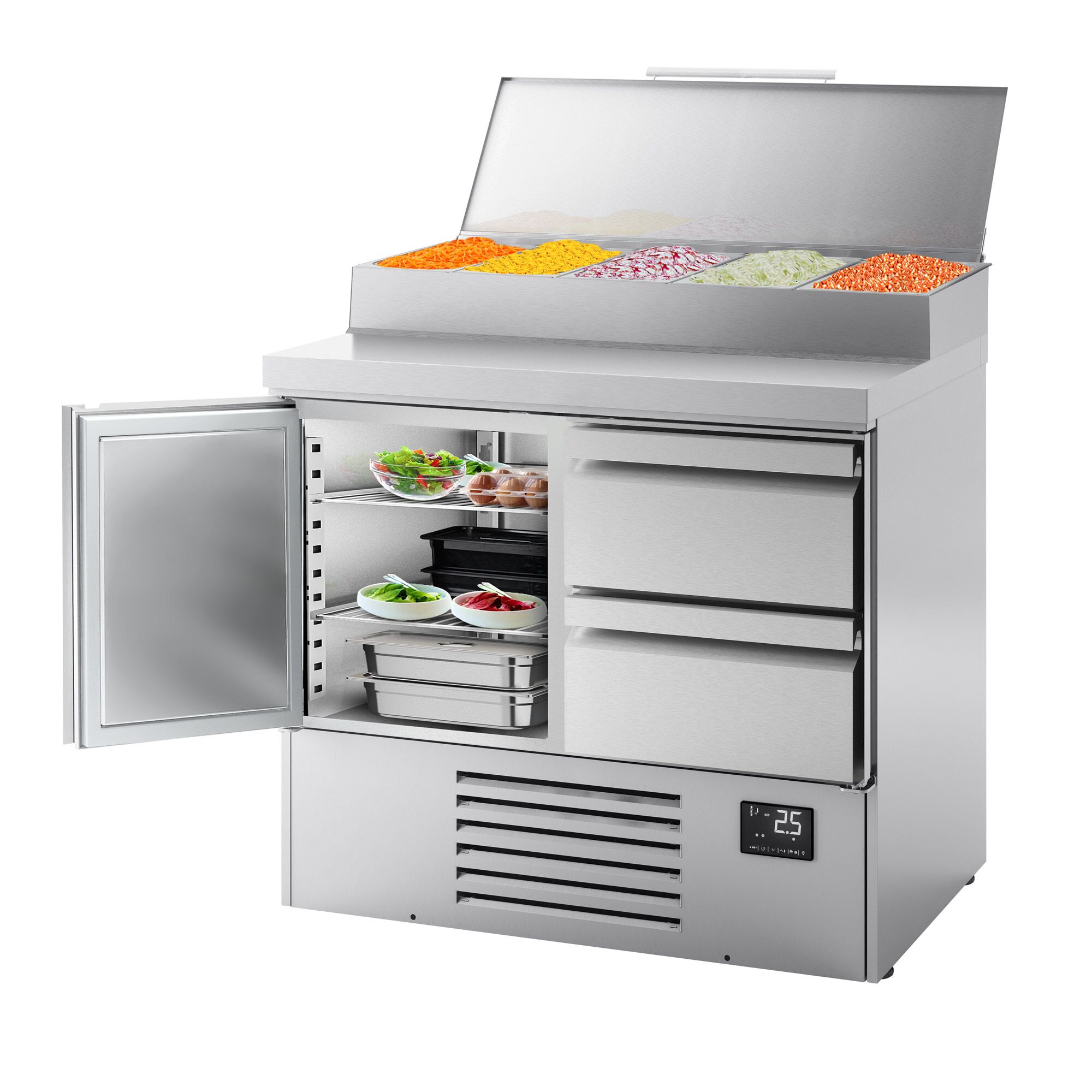Table réfrigérée de préparation Mini - 978 x 700 mm - avec 1 porte et 2 tiroirs - avec superstructure en inox 5 x GN 1/4