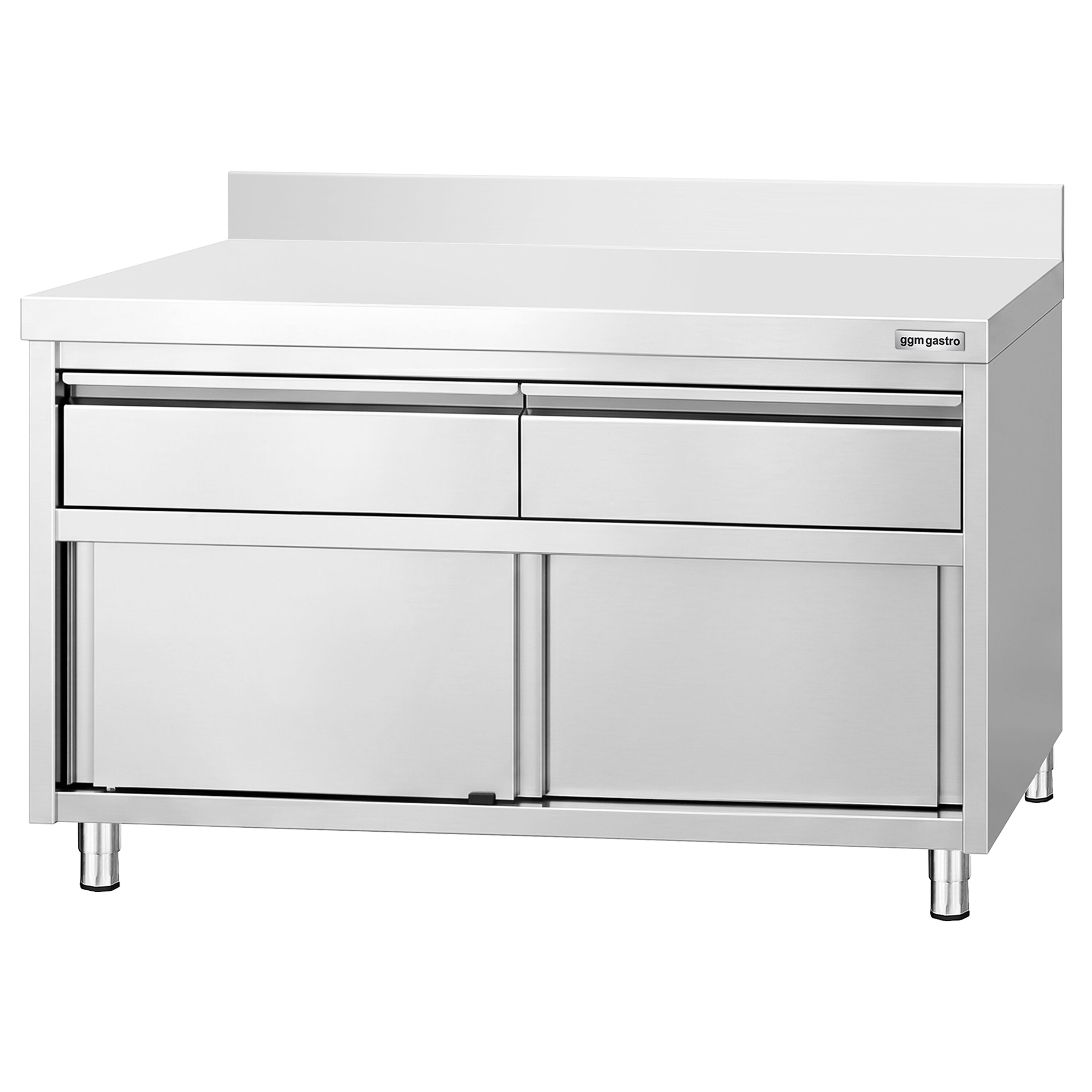 Armoire de travail en acier inoxydable PREMIUM - 1 200 x 600 mm - avec rebord - avec 2 tiroirs et une porte coulissante