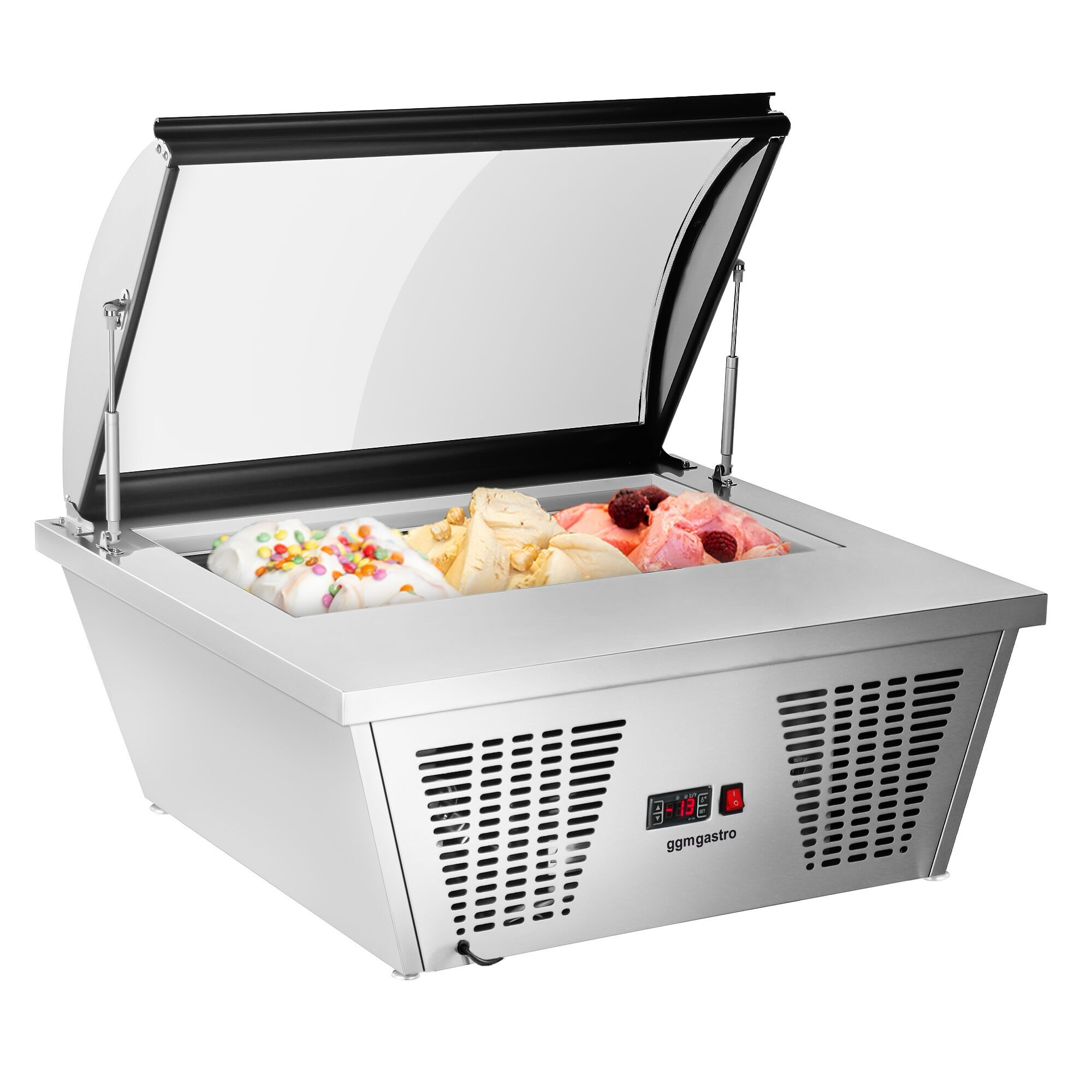 Vitrine à glaces à poser - 867x735mm - Froid statique - Couvercle vitré basculant - avec éclairage LED - pour 4 bacs de 5 L - Côté service