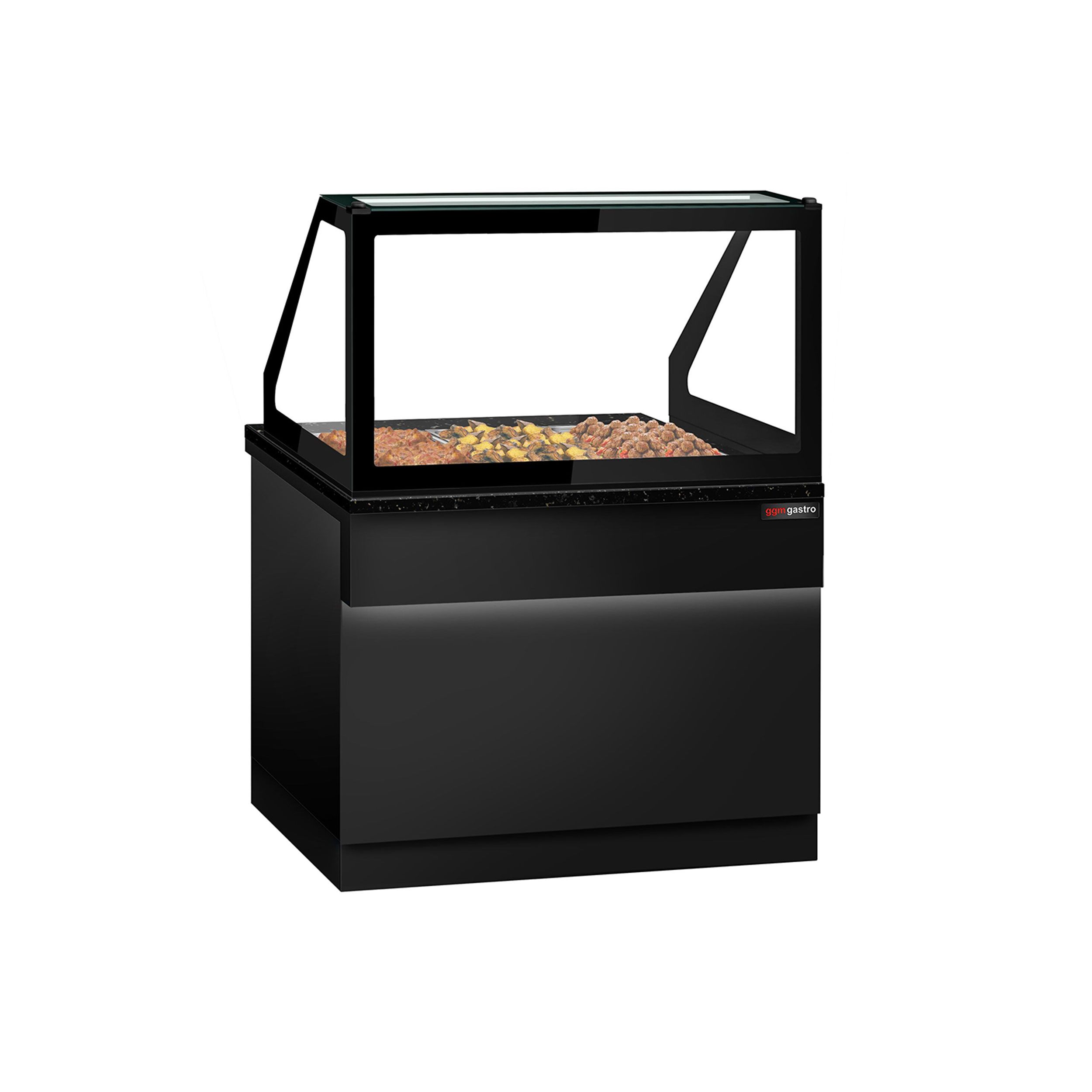 Vitrine chauffante TORONTO – 1250 mm – façade noire – pour 3 × GN 1/1 – plan de travail en granit noir