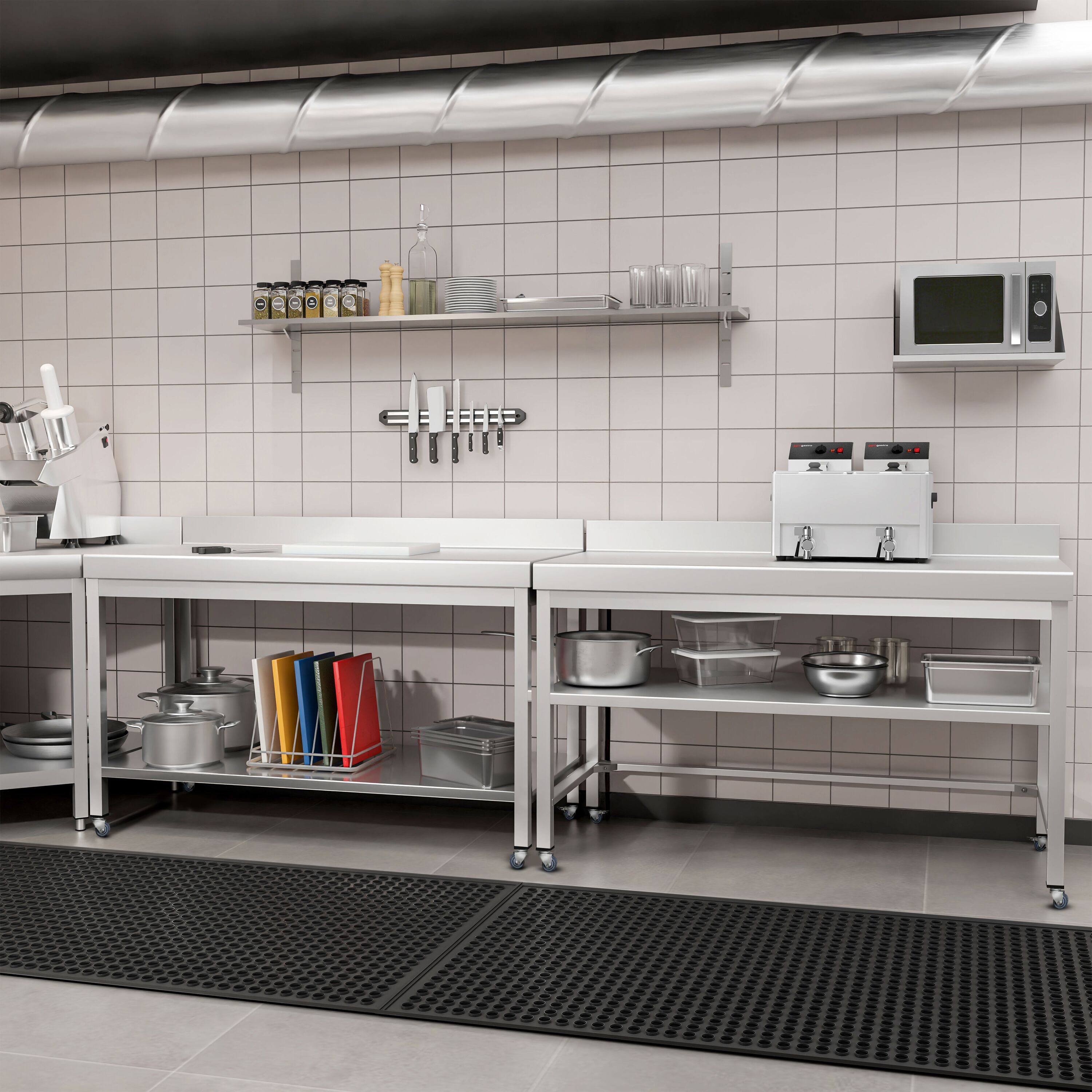 Table de travail en inox PREMIUM - 1500 x 800 mm - avec tablette inférieure, dosseret et roulettes
