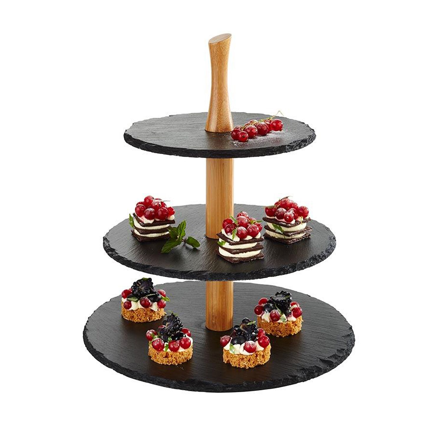 Présentoir buffet - 3 niveaux - Rond - Structure en bois - Plateaux en ardoise