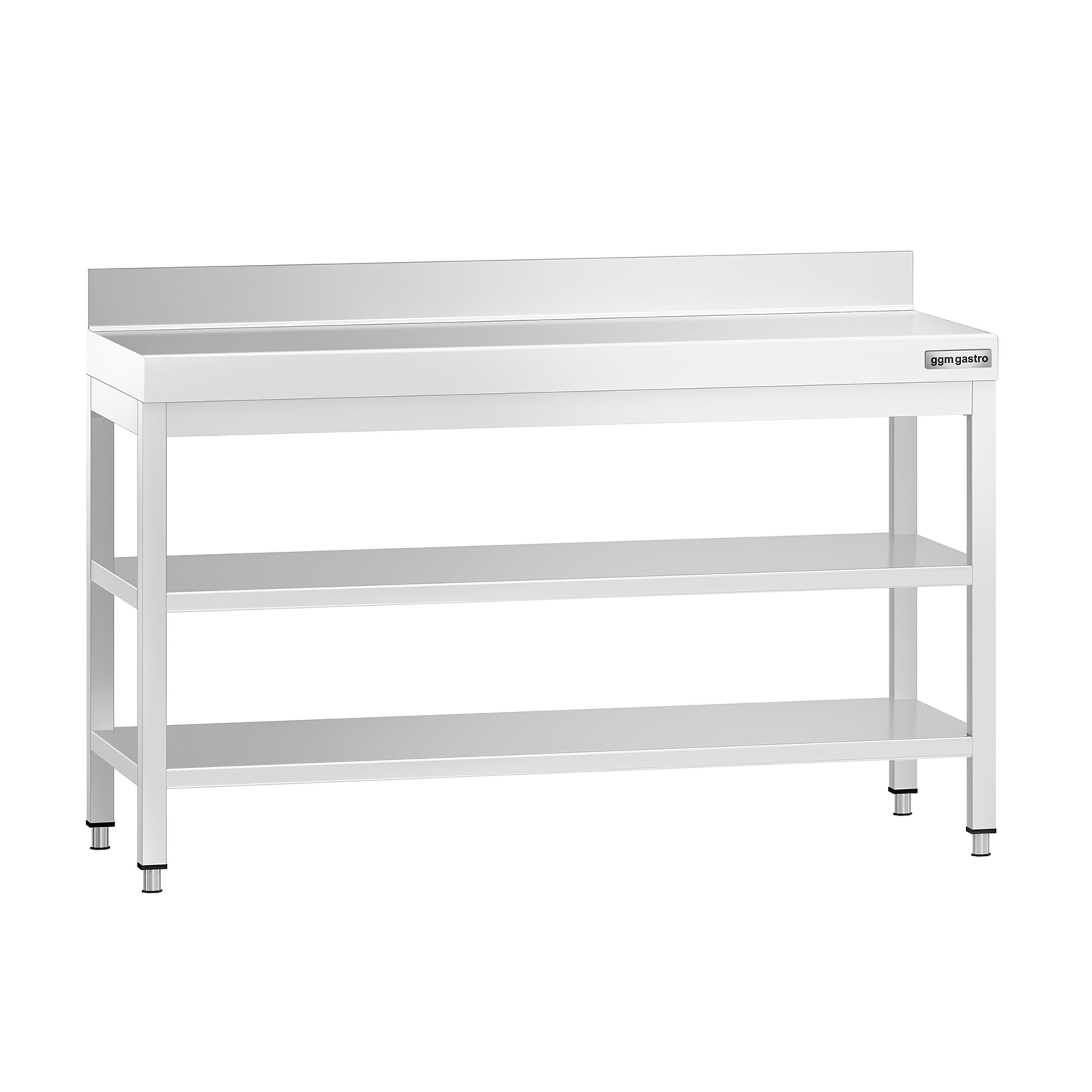 Table de travail inox PREMIUM - 1400 x 800 mm - avec tablette inférieure, Dosseret & Tablette intermédiaire