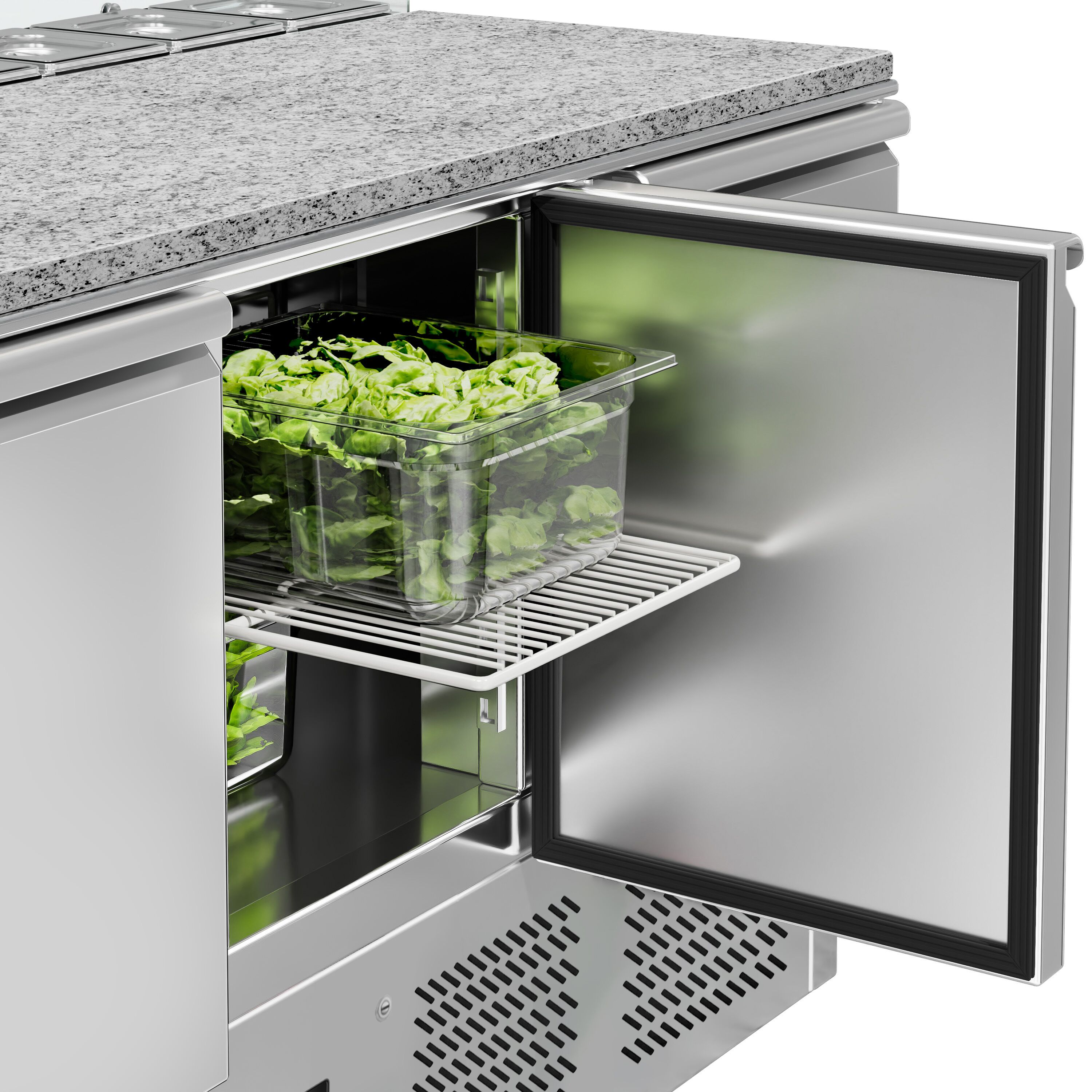 Saladette réfrigérée ECO - 1368mm - 368L - 3 portes - avec vitrine de comptoir pour 8x GN 1/6