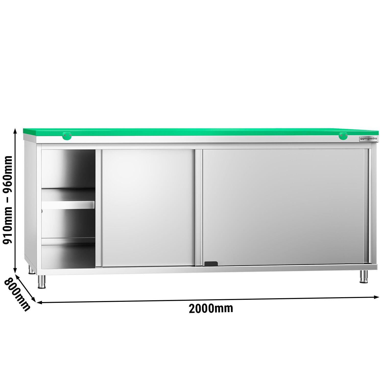 Table armoire en acier inoxydable PREMIUM - 2000x800mm - avec portes coulissantes - pour fruits et légumes - incl. plateau de découpe Vert PEHD (HACCP)