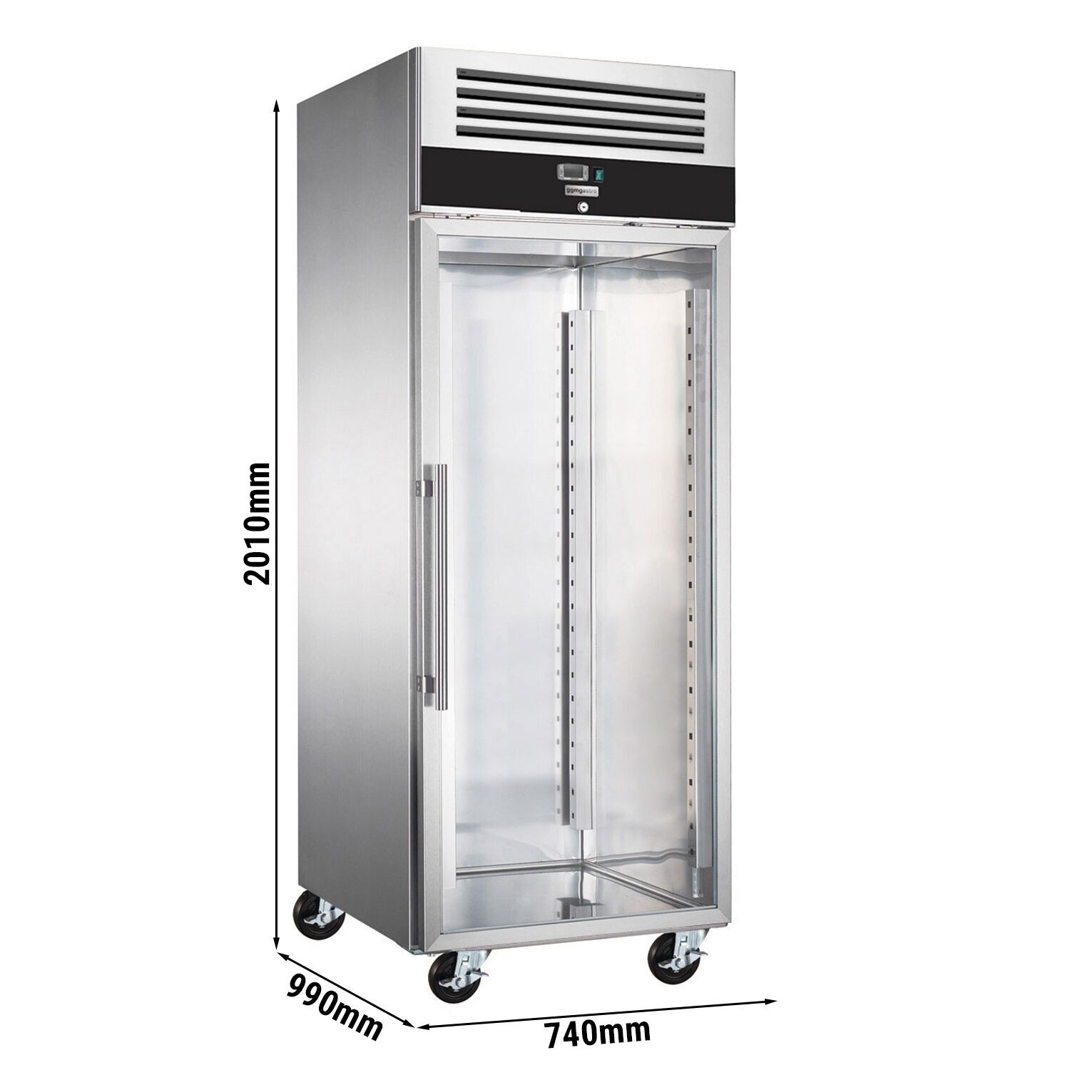 Armoire pâtissière négative vitrées Inox AISI 304 PREMIUM - EN 600x800 - 612 L - avec 1 porte vitrée & Glissières pâtisserie - Noire - Roulettes
