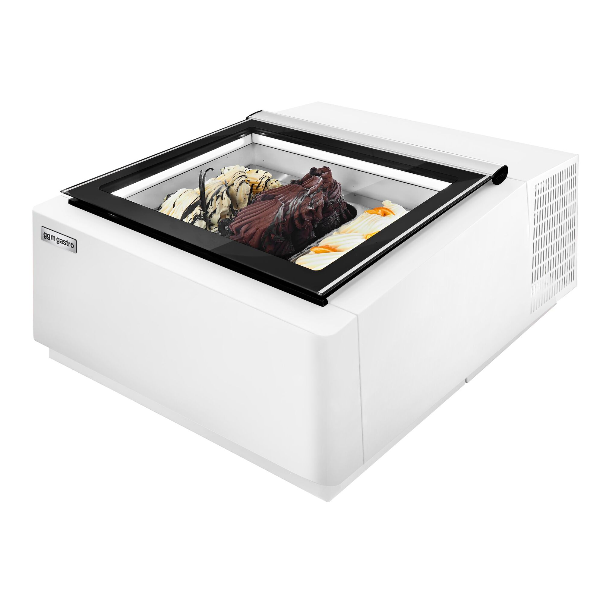 Vitrine à glaces à poser - 670mm - Froid statique - Couvercle vitré basculant - Blanc - pour 3 bacs de 5 L - Côté client