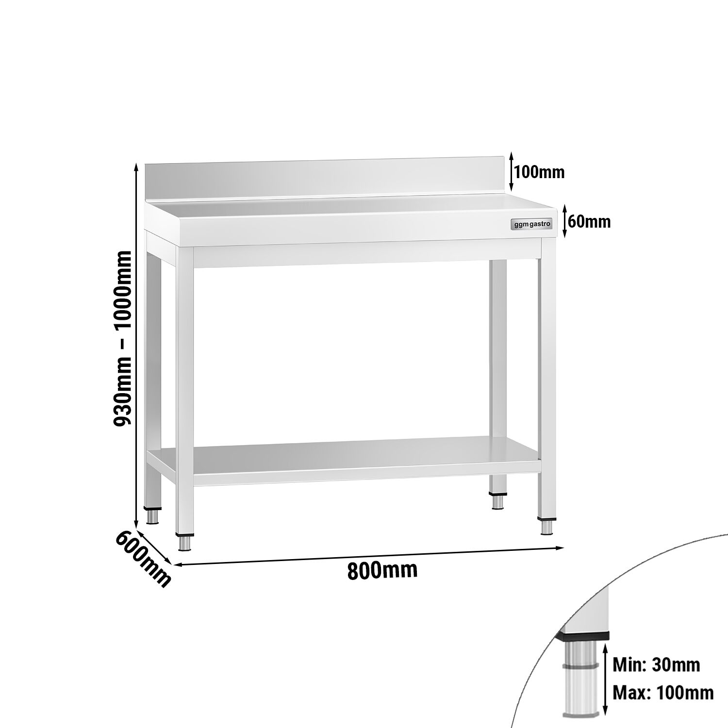 Table de travail inox PREMIUM - 800 x 600 mm - avec tablette inférieure & Dosseret