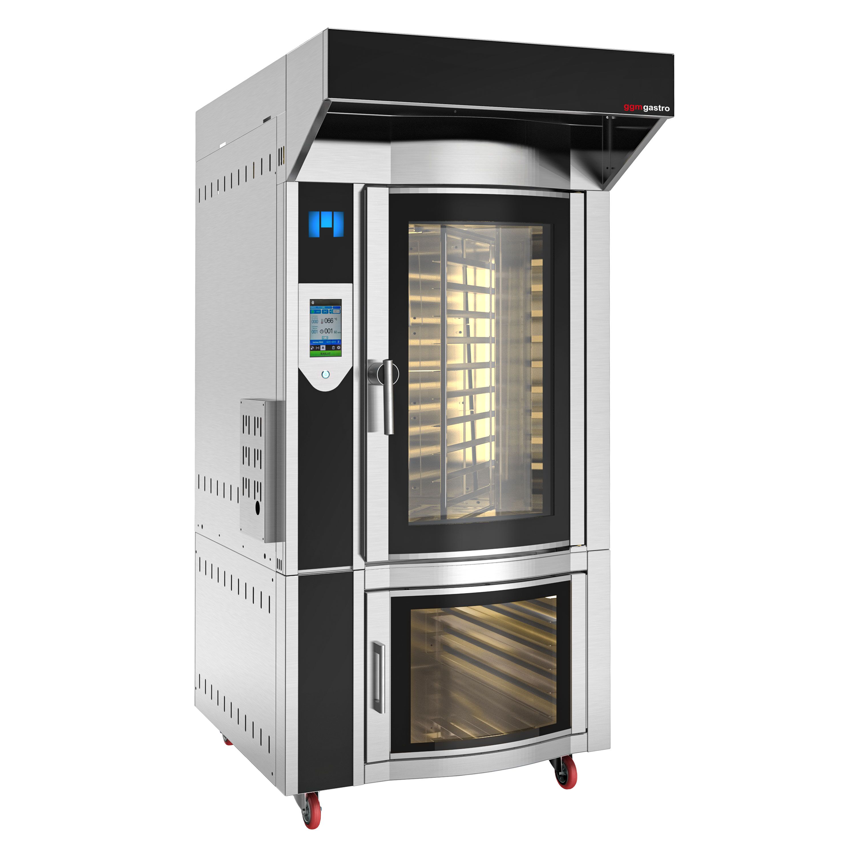 Four à chariot rotatif Gaz Four à convection avec injection d’eau - Écran tactile - 10 niveaux 600x400mm - Acier inoxydable - avec Hotte et Armoire de fermentation