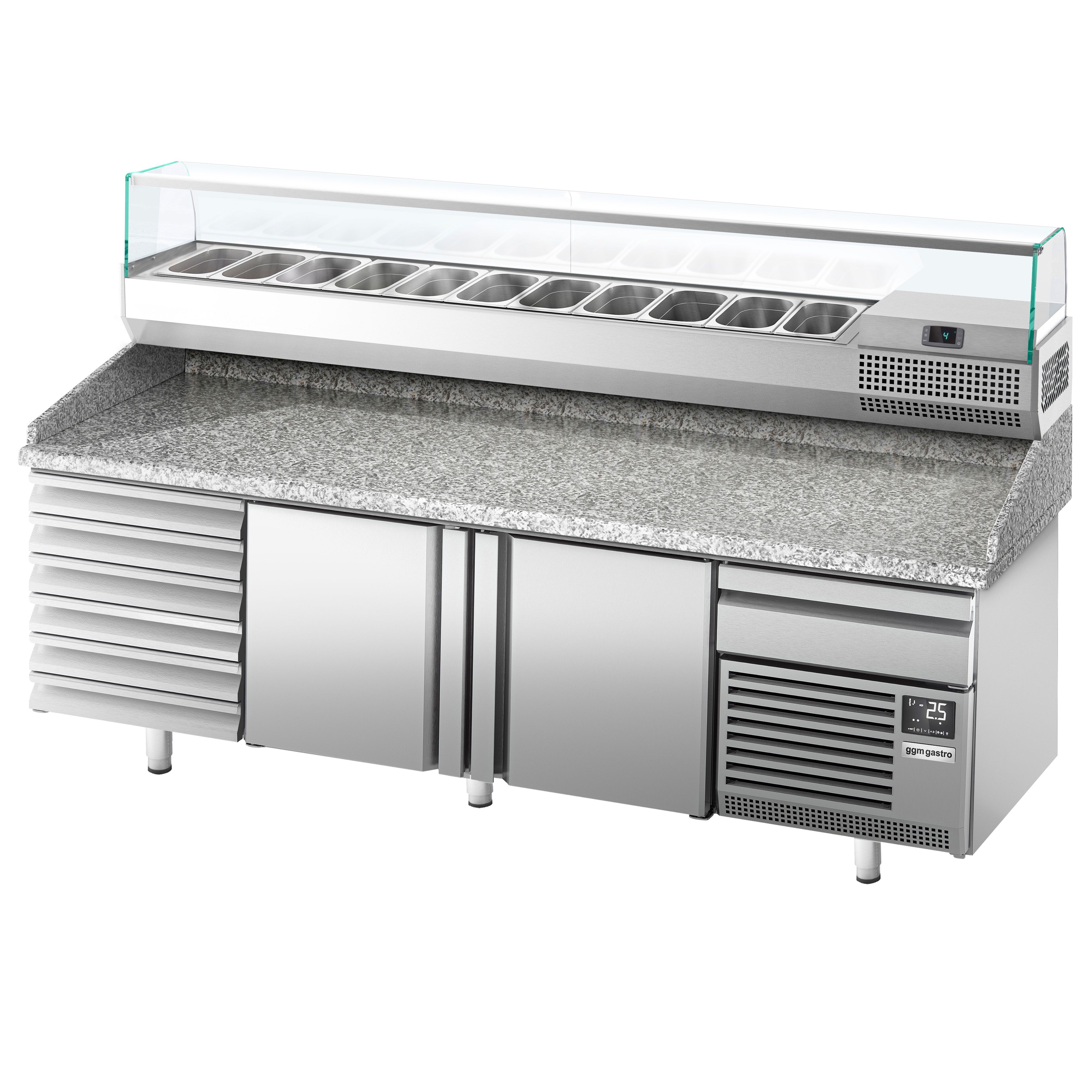 Table réfrigérée à pizza Premium PLUS - 2305x800 mm - avec 2 portes & 7 tiroirs - incl. vitrine réfrigérée pour ingrédients - 11 bacs GN 1/4