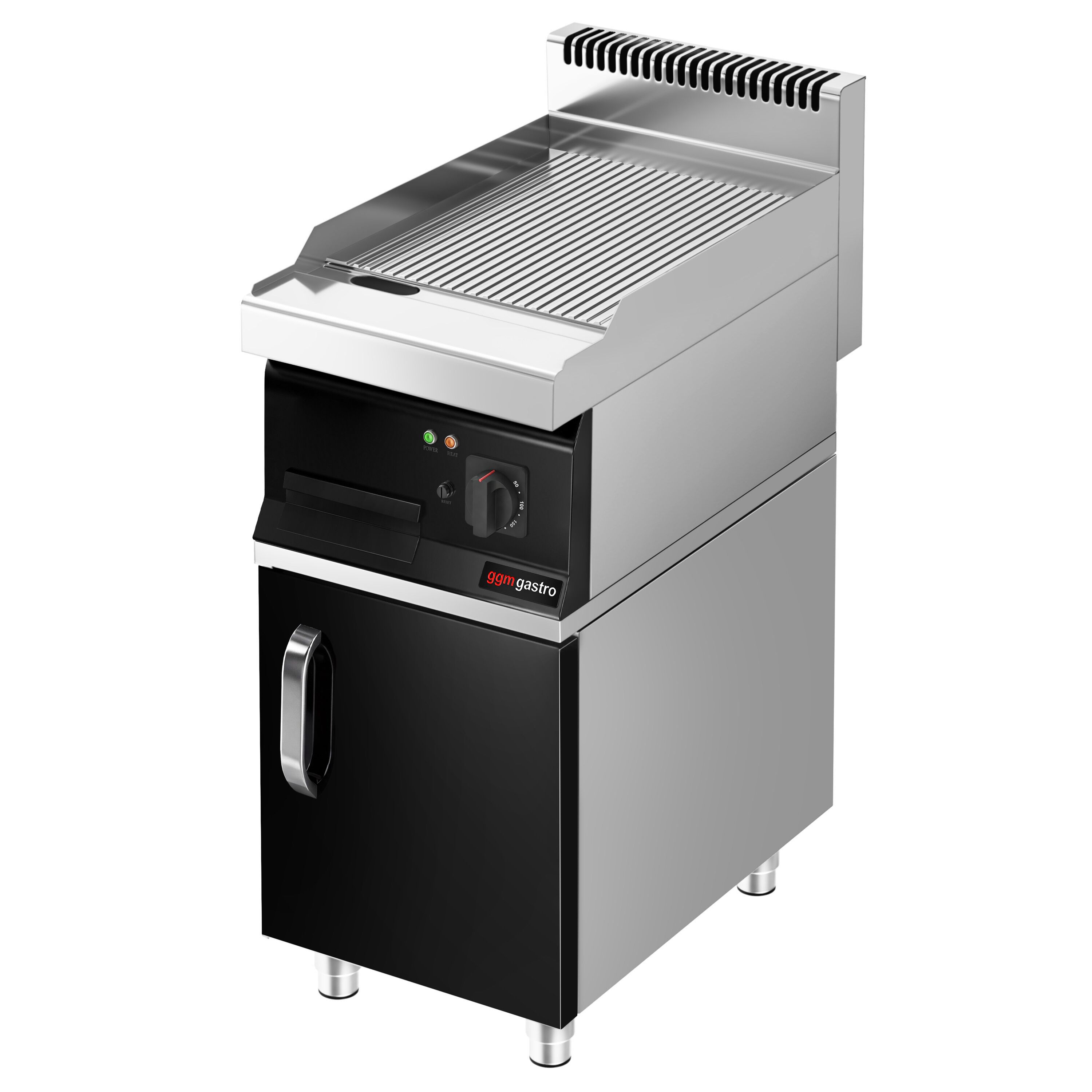 Plancha électrique - plaque acier - 8,0 kW - Rainurée - Surface de cuisson : 395x535mm - incl. soubassement avec 1 porte