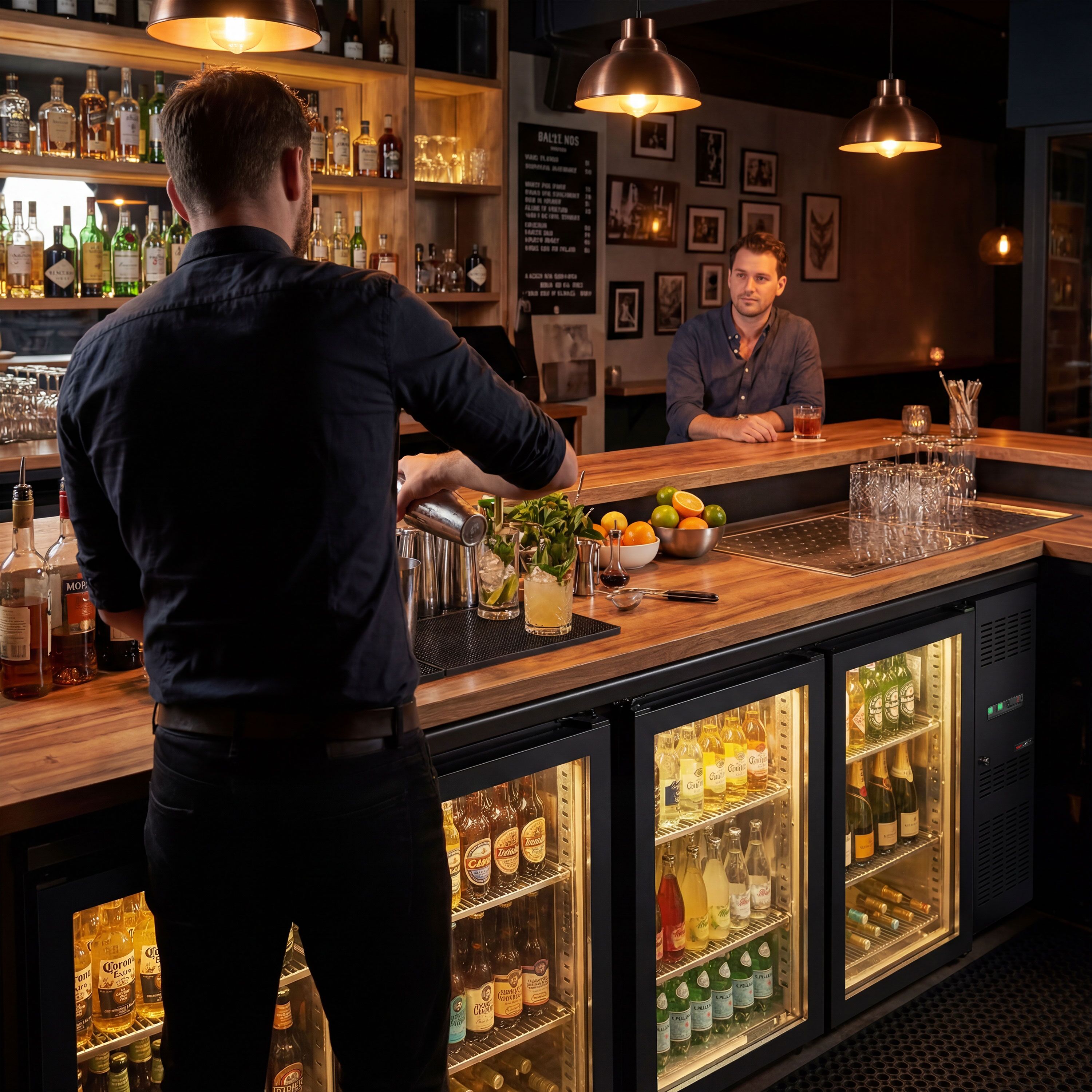 Table réfrigérée de bar & boissons ECO - 2542 mm - 4 portes vitrées sans cadre - noir