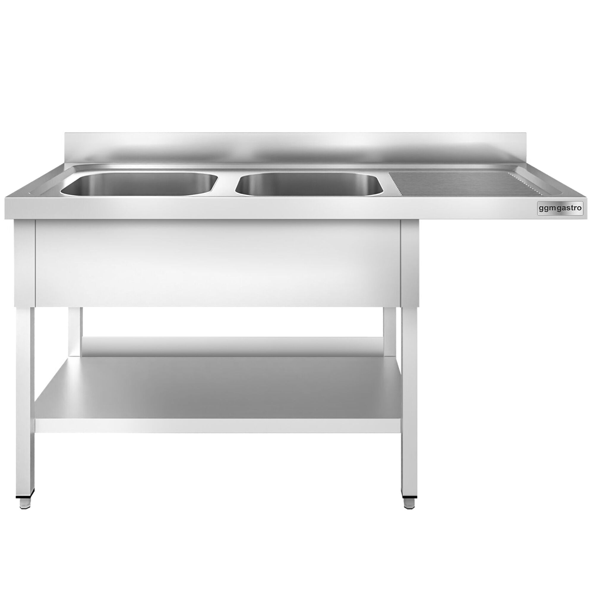 Plonge PREMIUM en acier inoxydable - 1600x600mm - 2 bacs - égouttoir à droite - avec espace lave-vaisselle - adossée/avec dosseret
