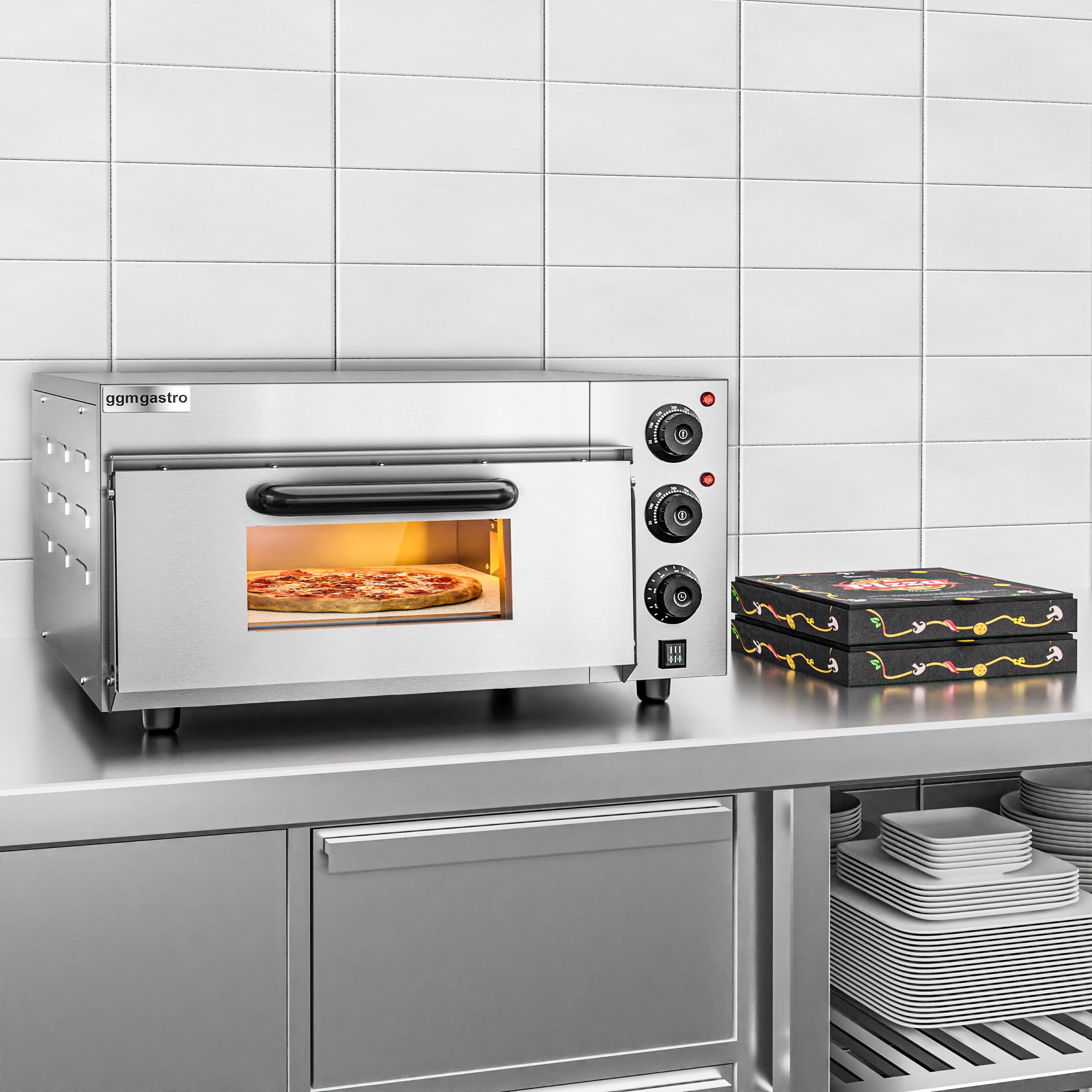 Electric Deck Pizza Oven - Single Deck - Refractory Stone Deck - 4 x Ø 20cm (8") - 230V Single Phase - Mechanical Controls - up to 350°C