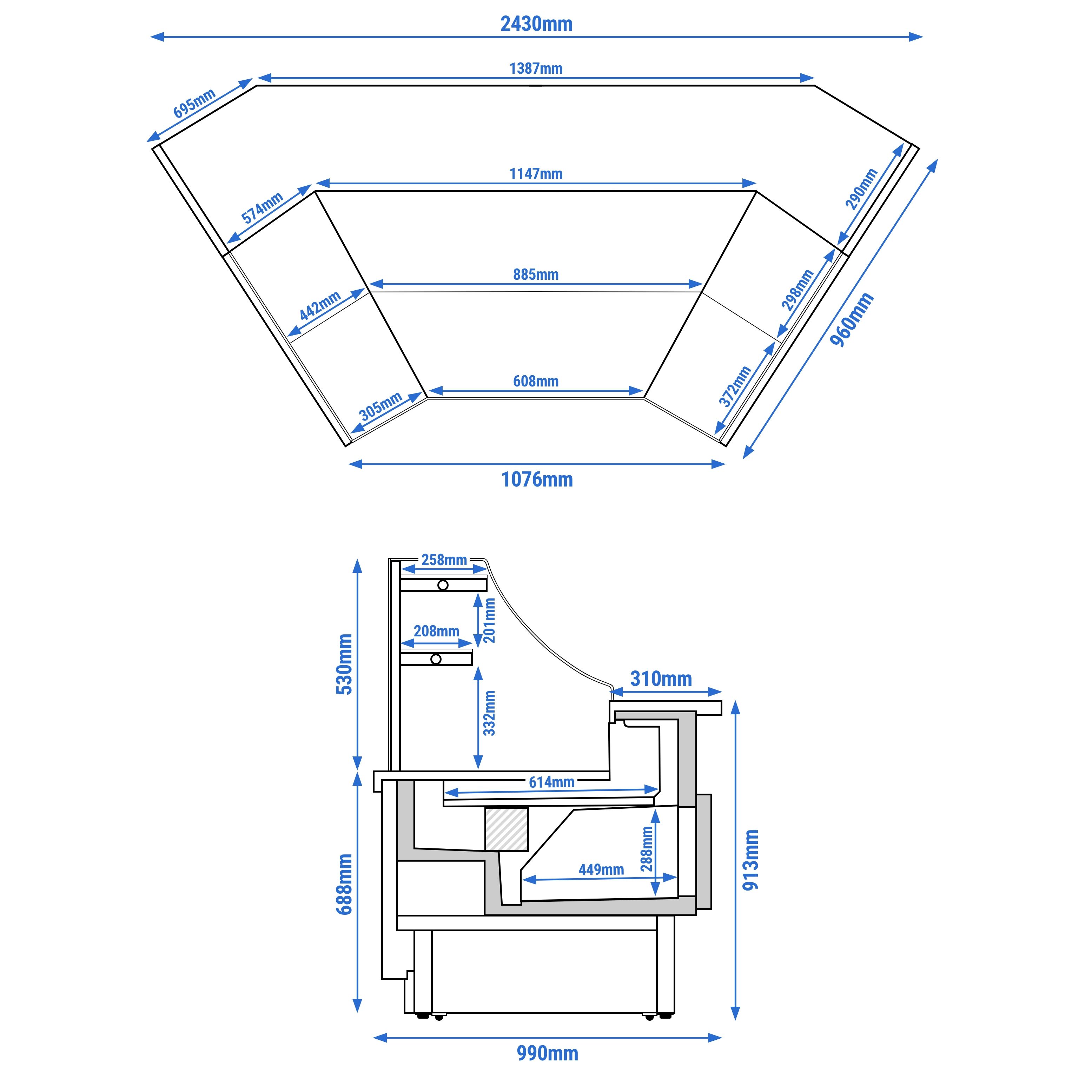 Serve Over Counter RIGA - 1750x990mm - double glazing - with 2 shelves