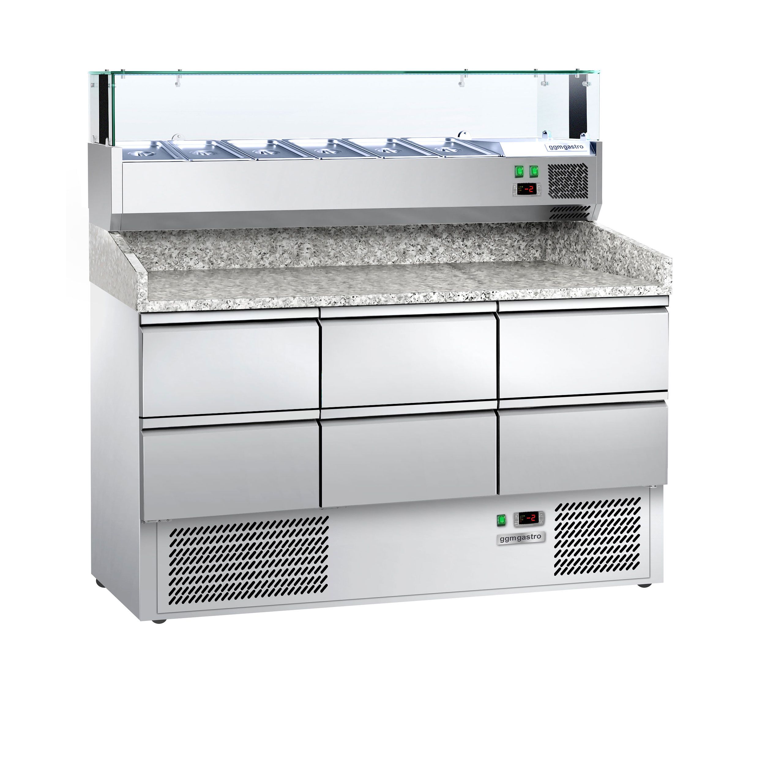 Table réfrigérée à pizza ECO - 1400 x 700 mm - avec 6 tiroirs 1/2 - incl. vitrine réfrigérée 6 x GN 1/4
