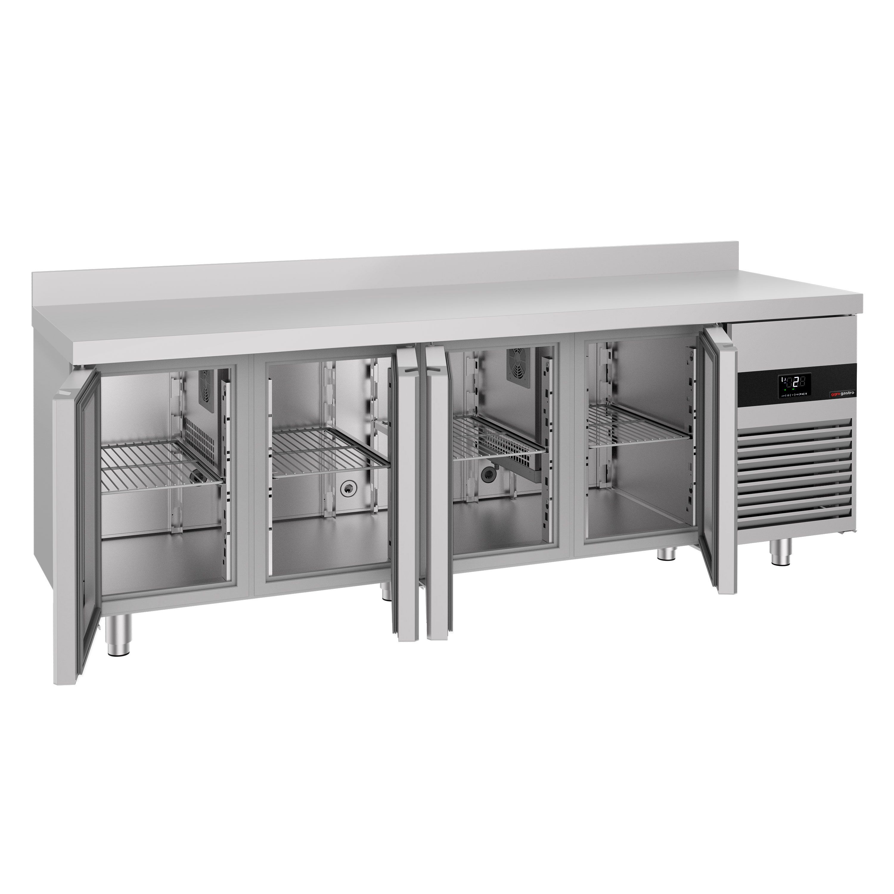 Table réfrigérée PREMIUM - 2300 x 700 mm - avec 4 portes en verre - dosseret