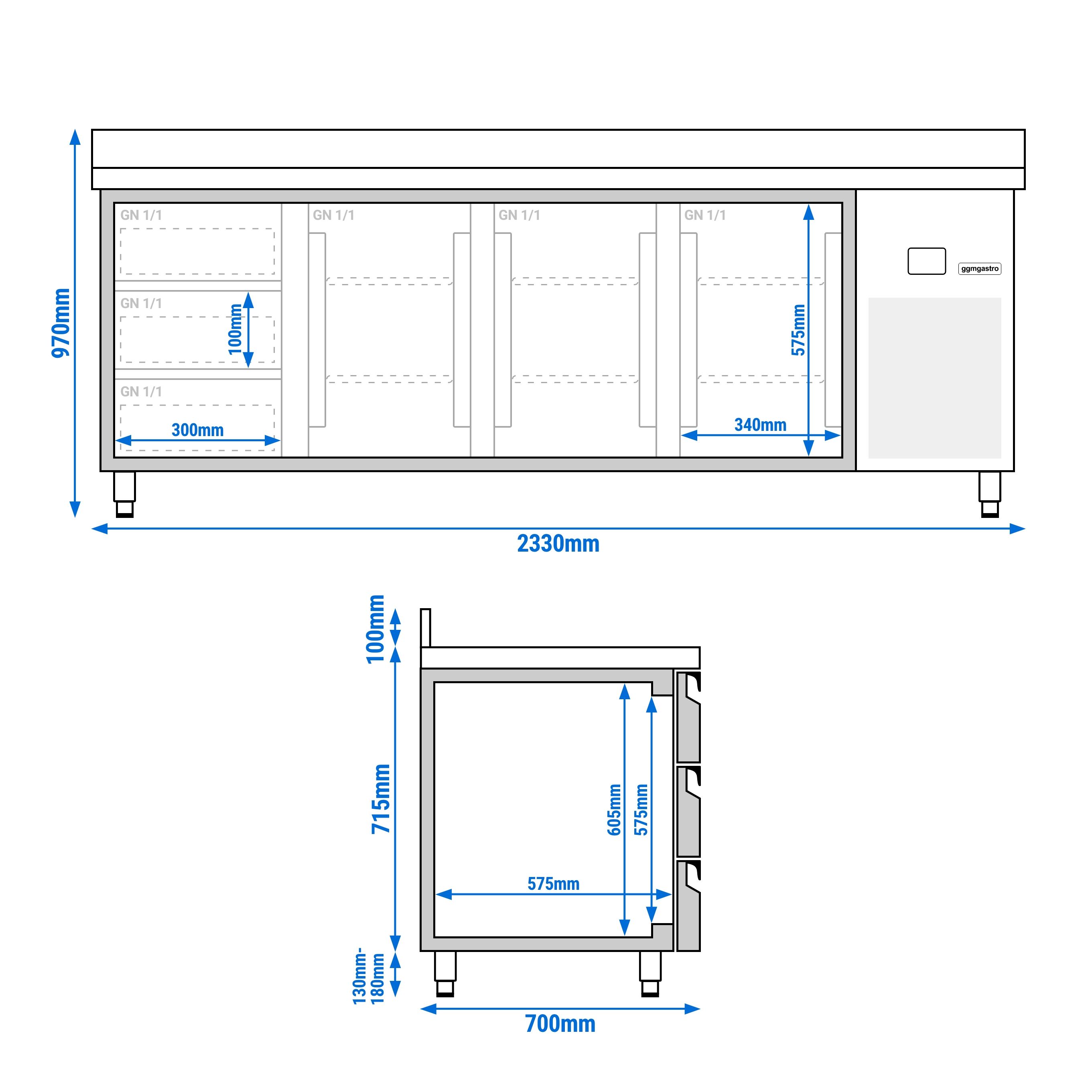 Table réfrigérée PREMIUM - 2330 x 700 mm - avec 3 portes - 3 tiroirs - avec dosseret