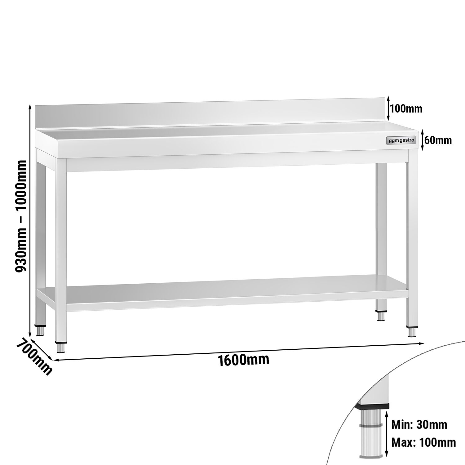 Table de travail inox PREMIUM - 1600 x 700 mm - avec tablette inférieure & Dosseret