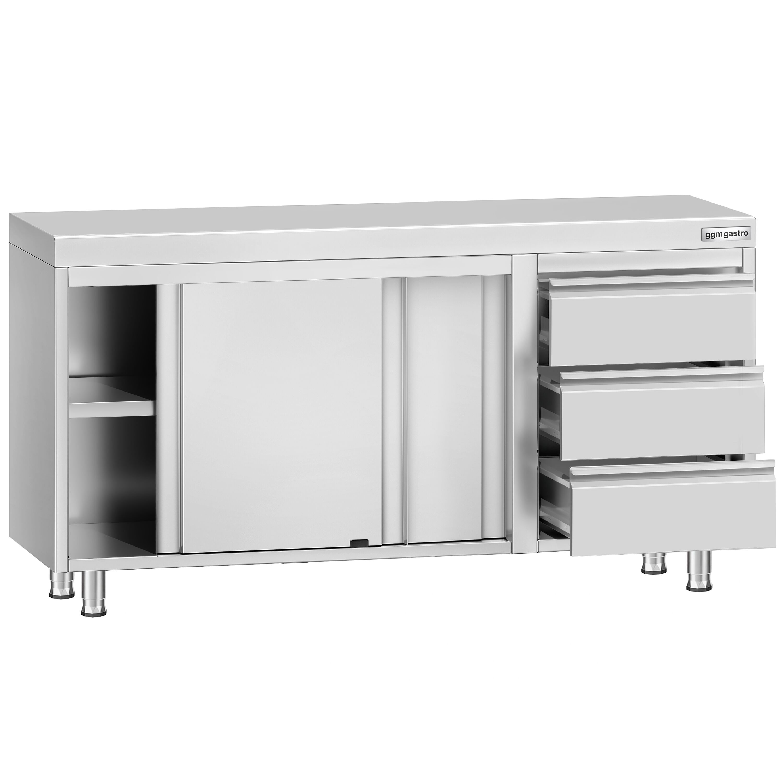 Table armoire en acier inoxydable ECO - 1400x600mm - avec 3 tiroirs à droite et portes coulissantes et étagère basse