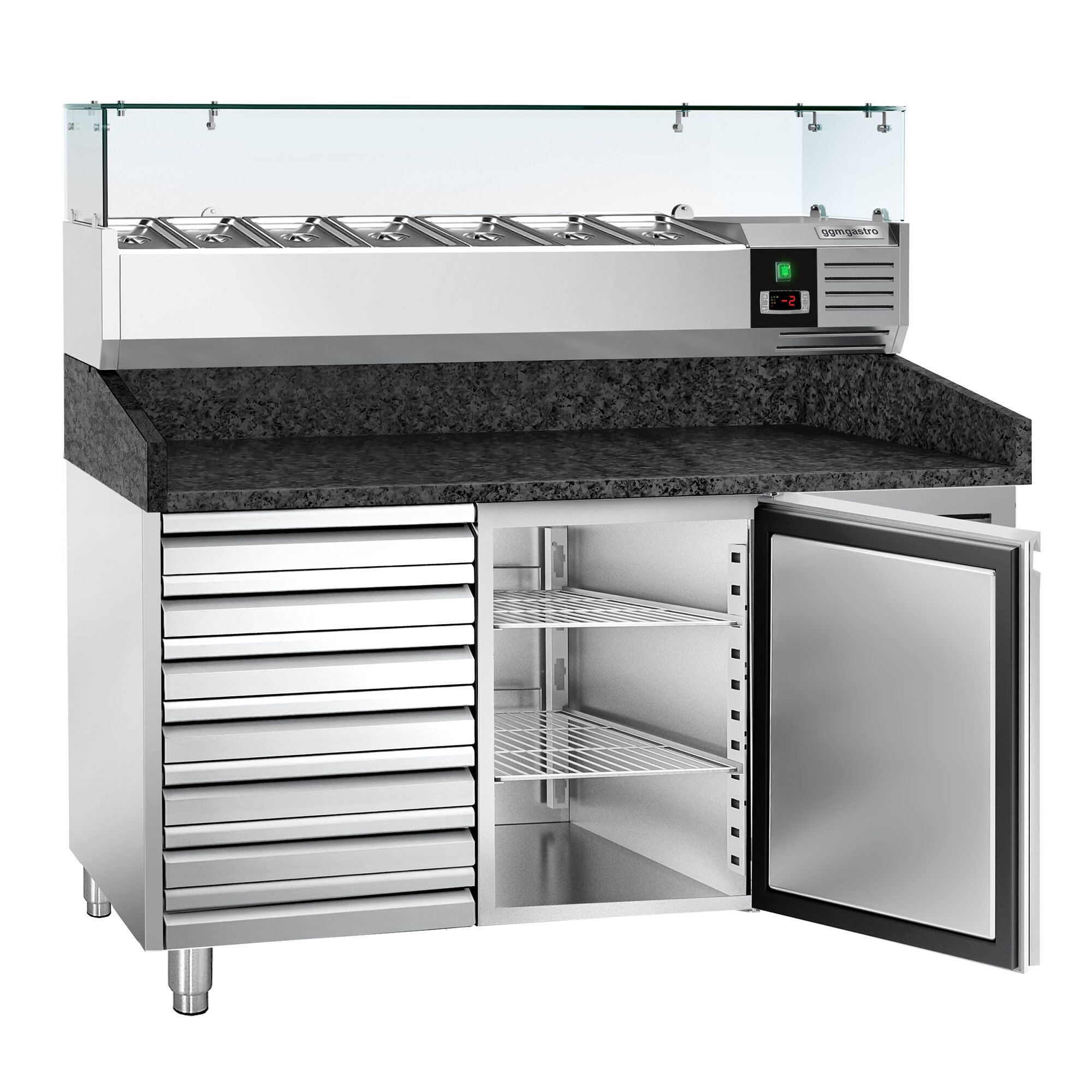 Table réfrigérée à pizza PREMIUM - 1500 x 800 mm - avec 1 porte et 7 tiroirs - incl. vitrine réfrigérée - 6 x GN 1/3