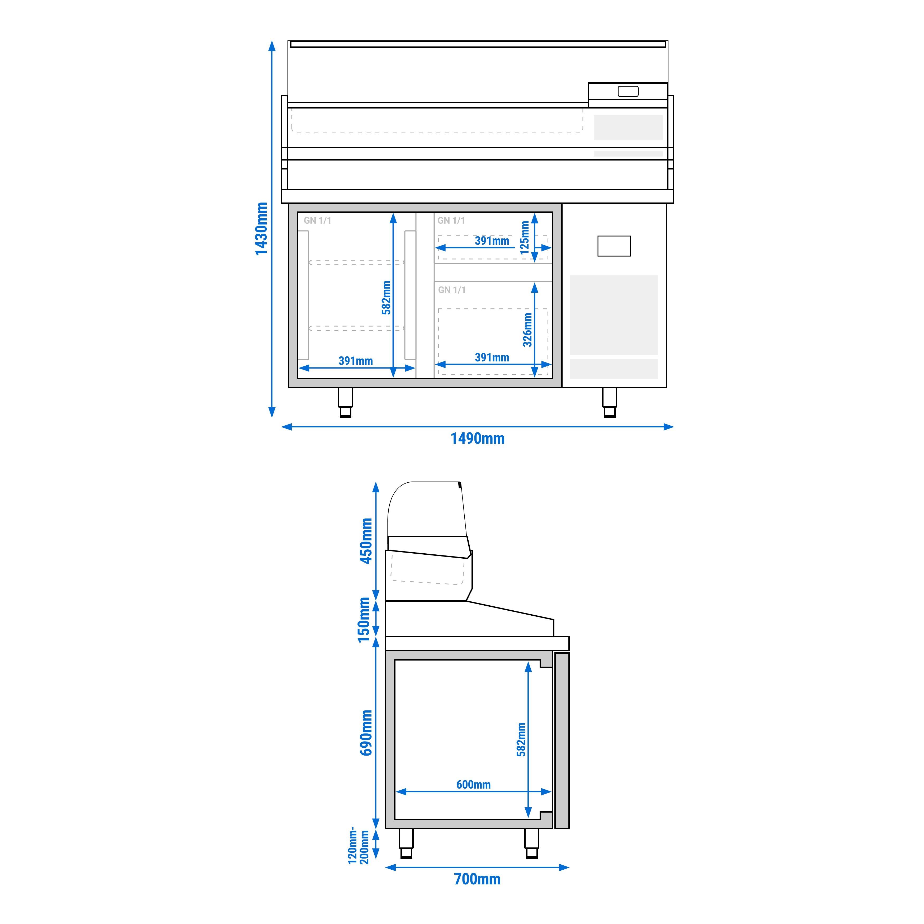Table réfrigérée à pizza Premium PLUS - 1490x700 mm - avec 1 porte & 2 tiroirs - incl. vitrine réfrigérée - 6x GN 1/4
