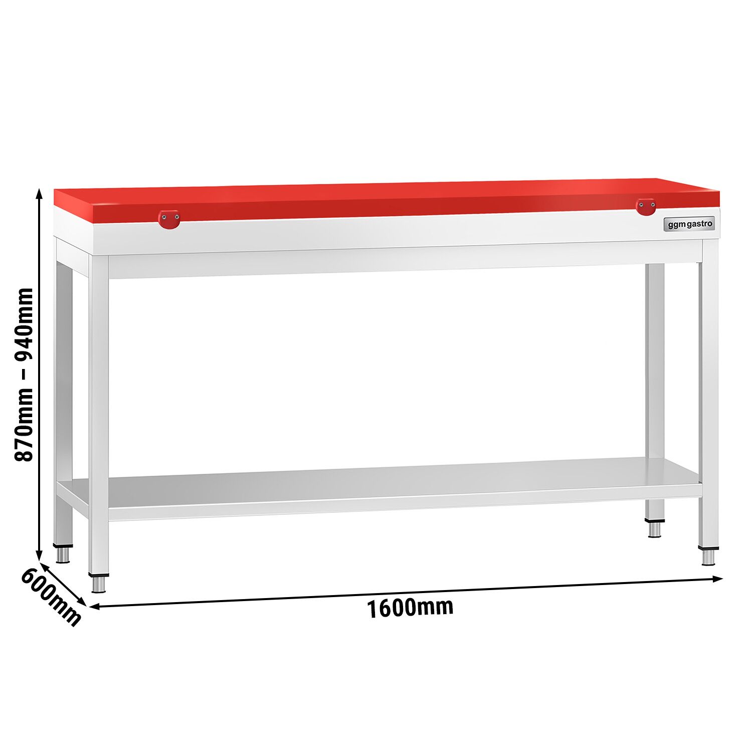 Table de travail inox PREMIUM - 1600 x 600 mm - avec tablette inférieure - incl. Planche à découper Rouge