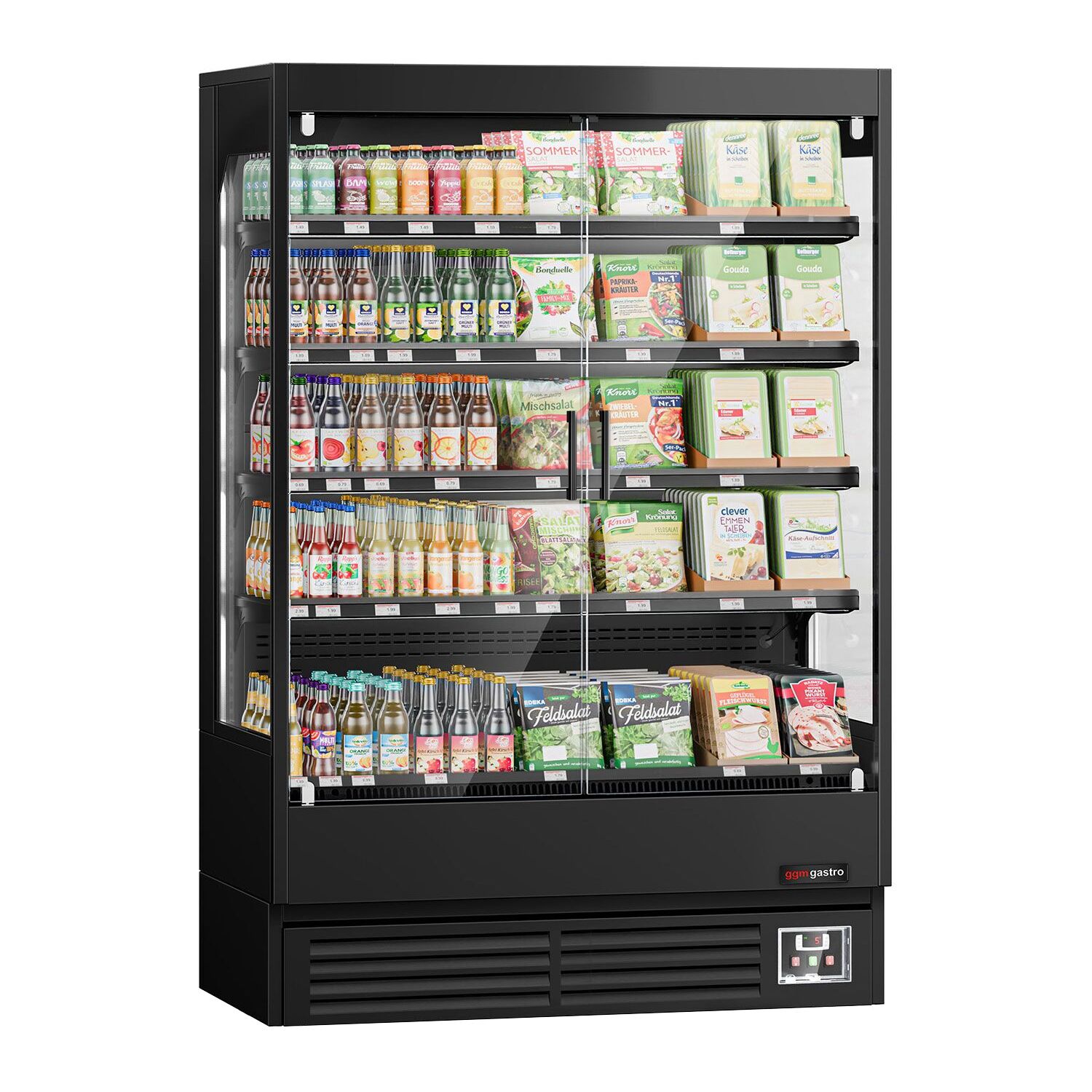 Vitrine murale réfrigérée - 1320mm - 595L - avec 2 portes battantes vitrées & 4 étagères - arrière fermé - Noir