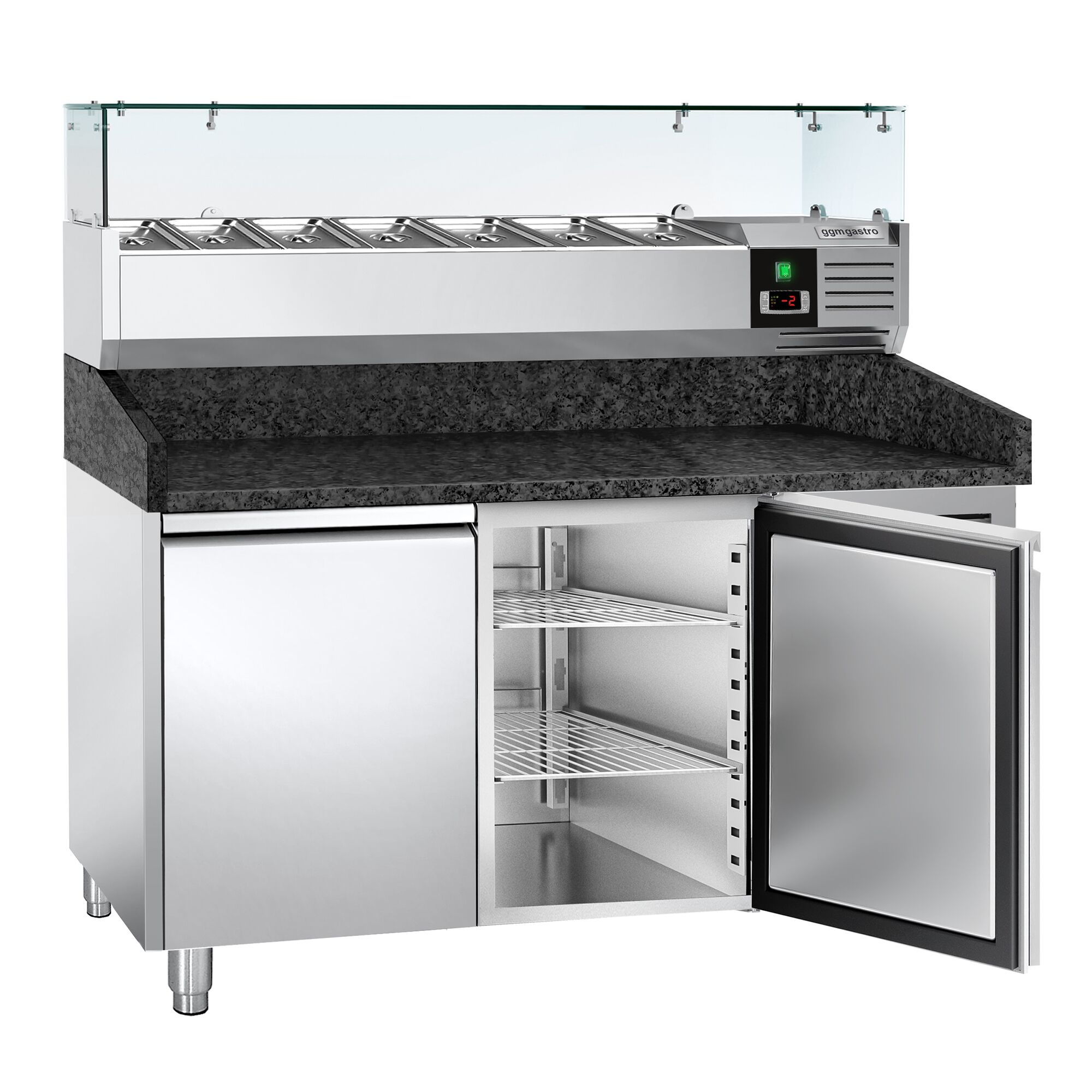 Table réfrigérée à pizza PREMIUM - 1500 x 800 mm - avec 2 portes - incl. vitrine réfrigérée - 6 x GN 1/3