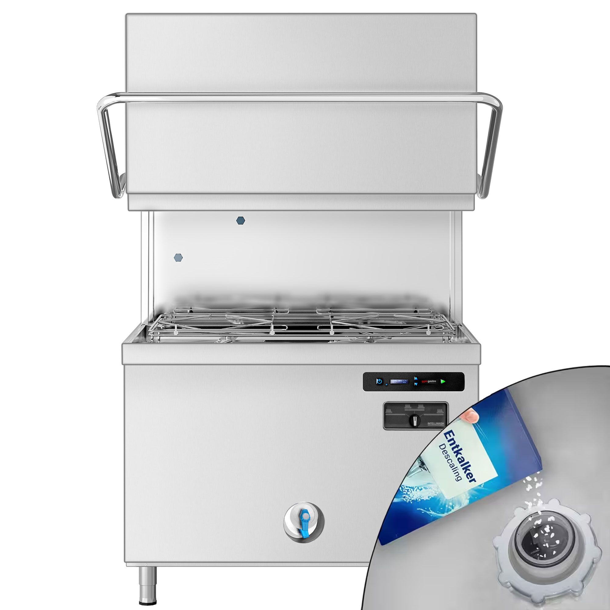 Lave-vaisselle à capot double paroi avec double panier traversant – Numérique – 22,2 kW – avec adoucisseur inclus – avec pompe de détergent, de rinçage et de vidange