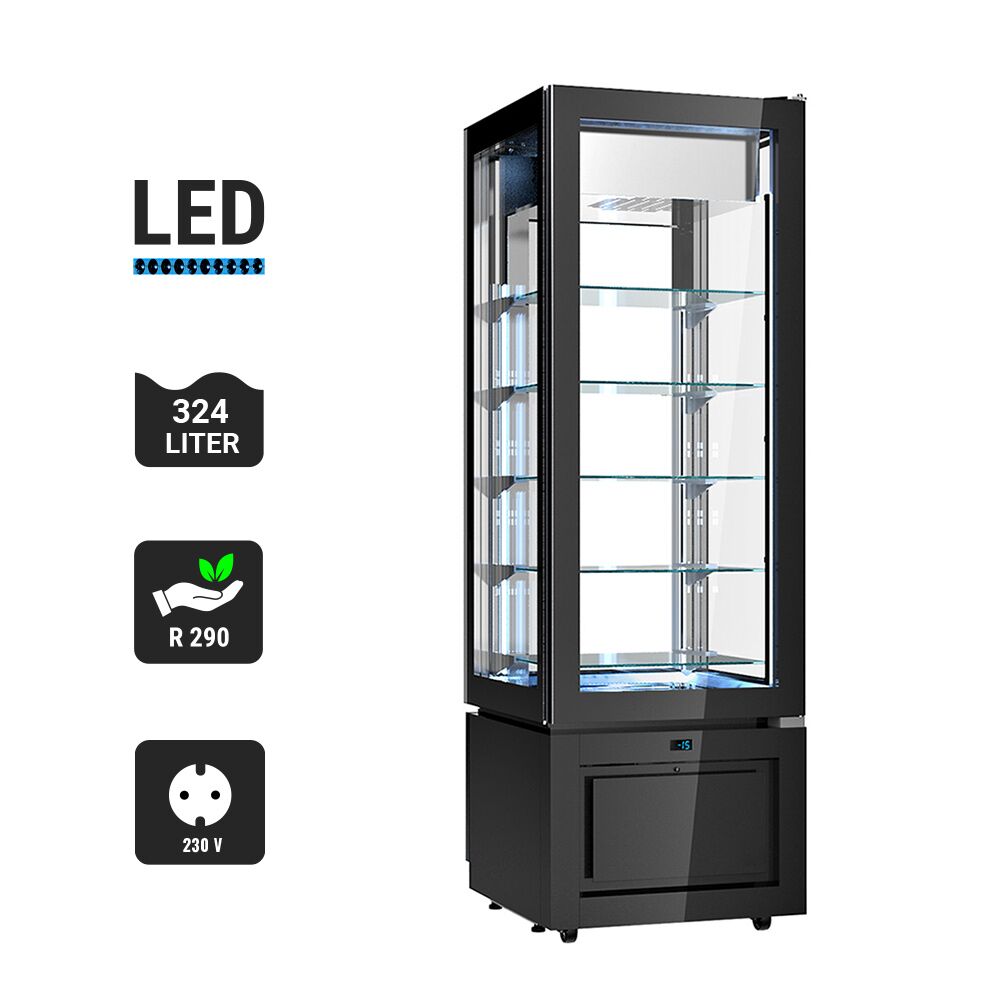 4-Sided Glass Display Freezer - 324L - 600mm - Double glazing - square - with 5 glass shelves - 1 glass door - Black