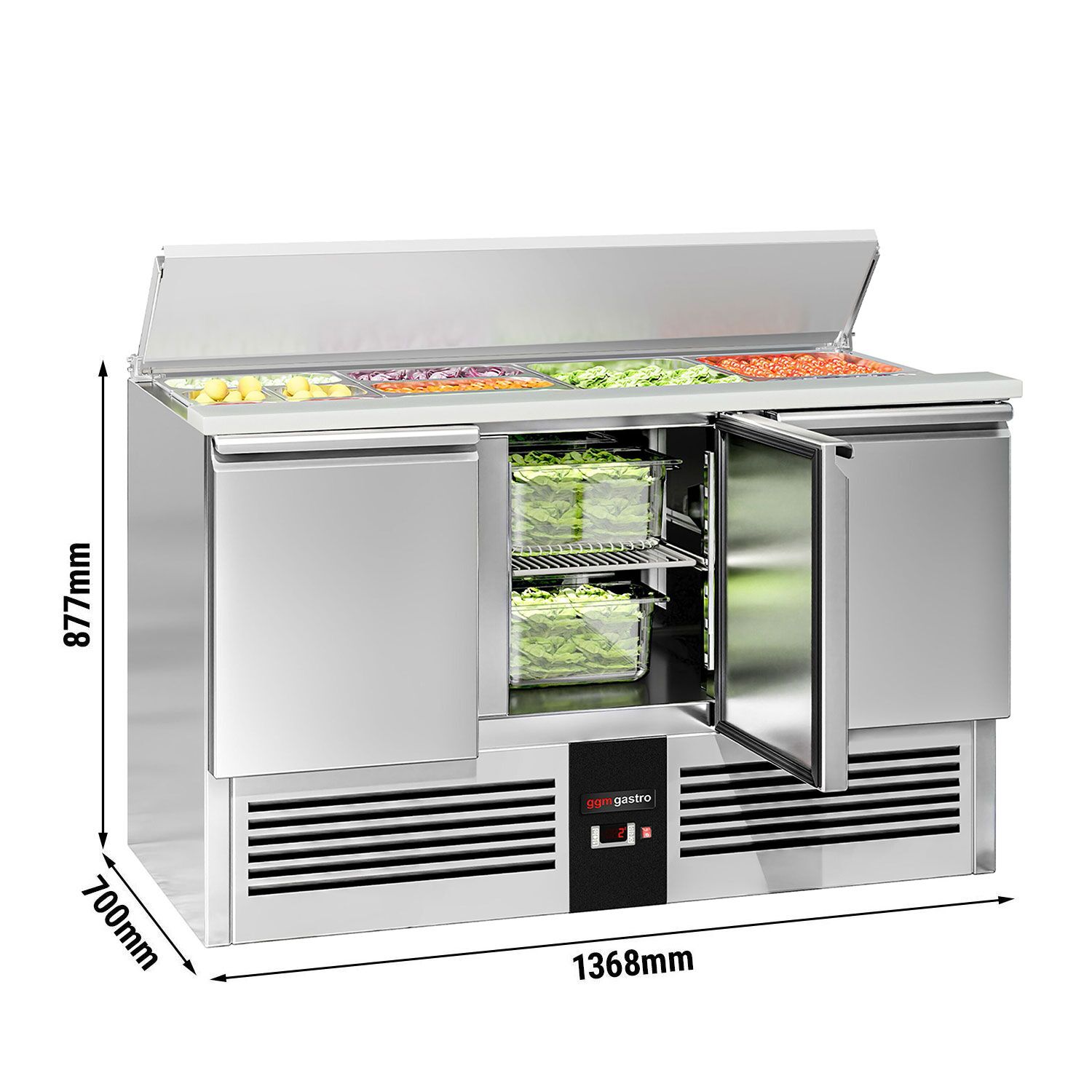 Saladette réfrigérée PREMIUM - 1368mm - 368L - 3 portes - avec découpe pour 4x GN 1/1 & Couvercle inox