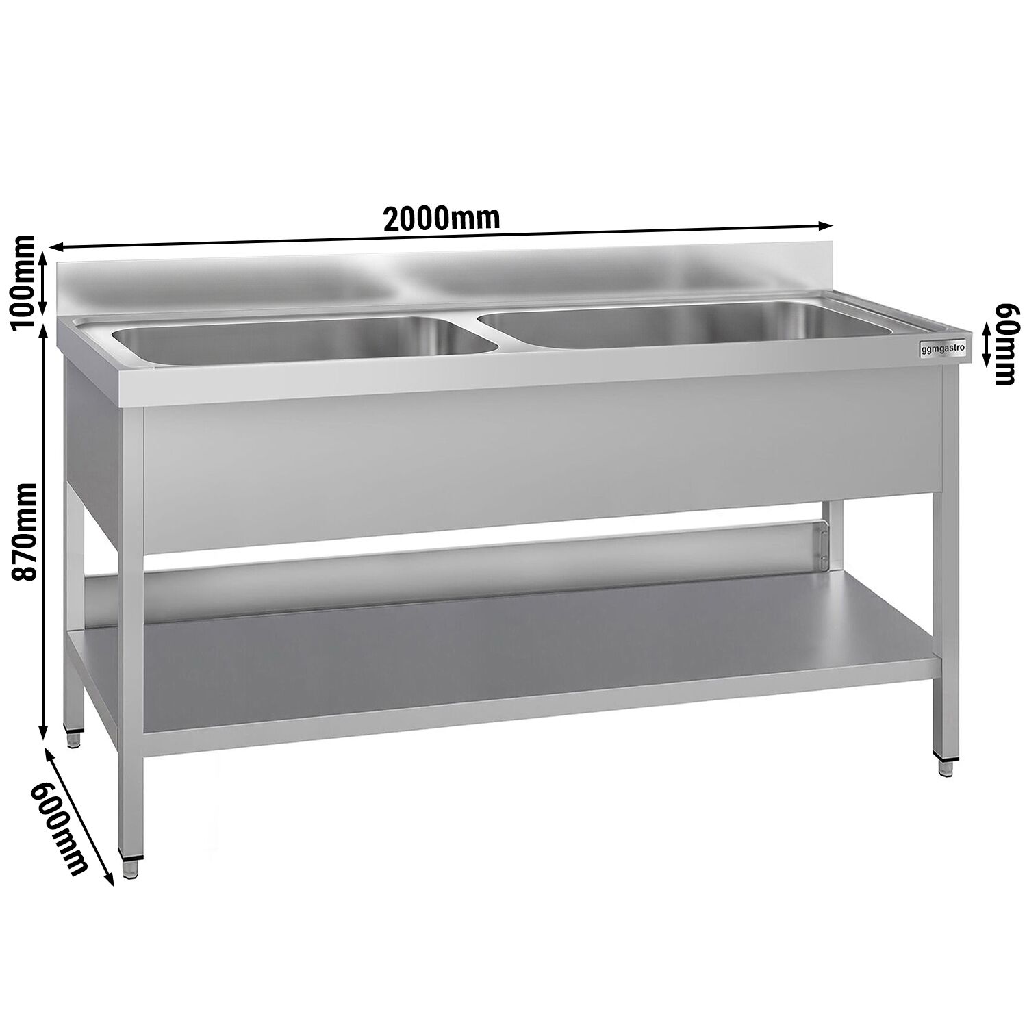 ECO pot washing table – 2000x600mm – with 2 basins