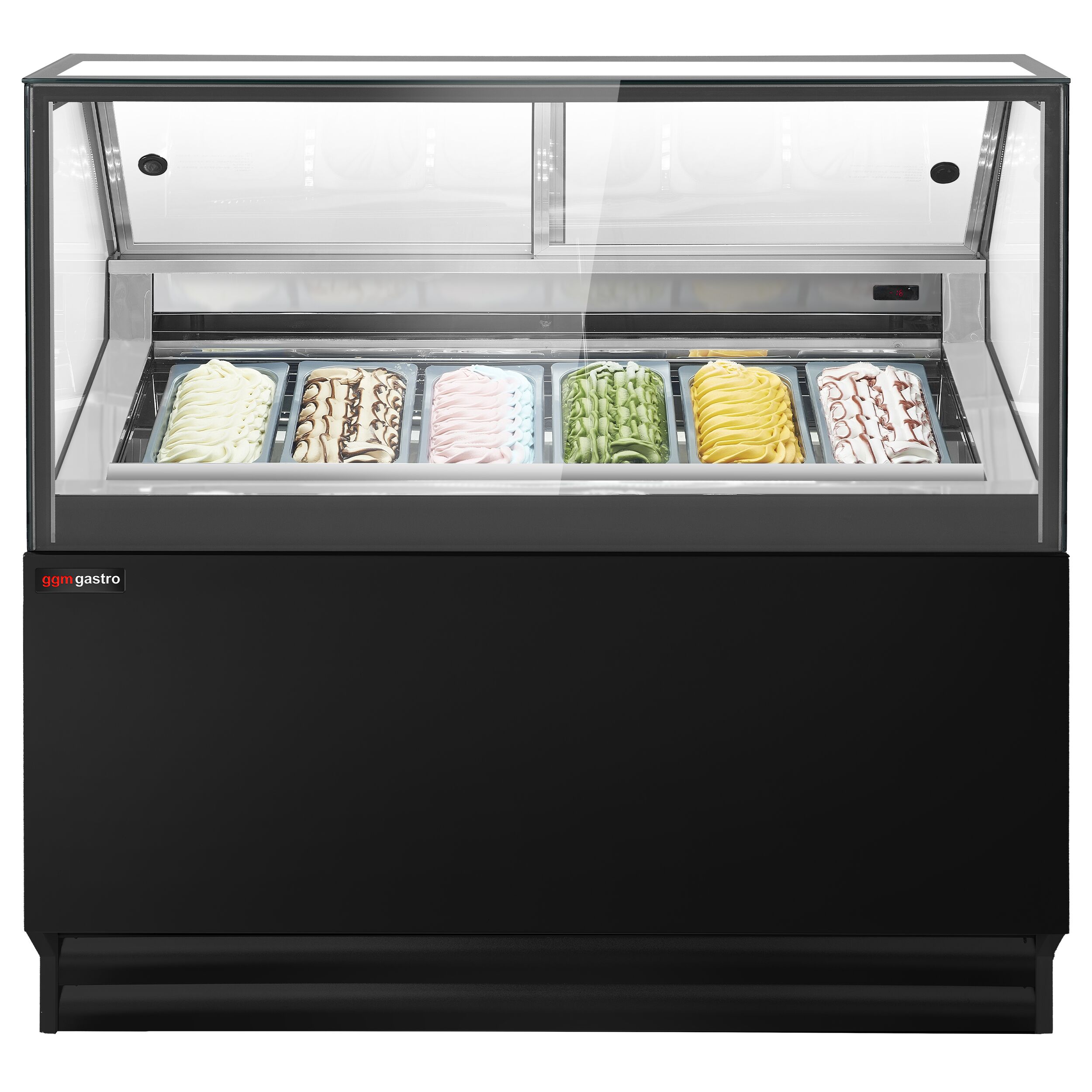 Vitrine à glace THEO – 1300 mm – refroidissement ventilé – pour 6 bacs à glace de 5 litres – Noir