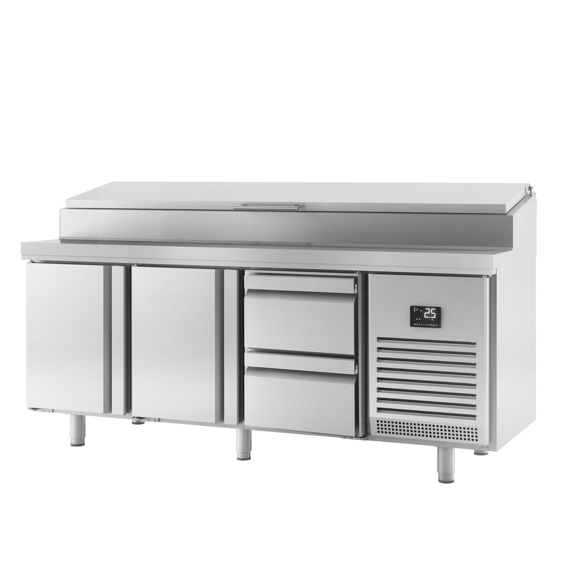 Table réfrigérée de préparation - 1960x700 mm - avec 2 portes & 2 tiroirs - superstructure inox 1x GN 1/2 & 9x GN 1/3