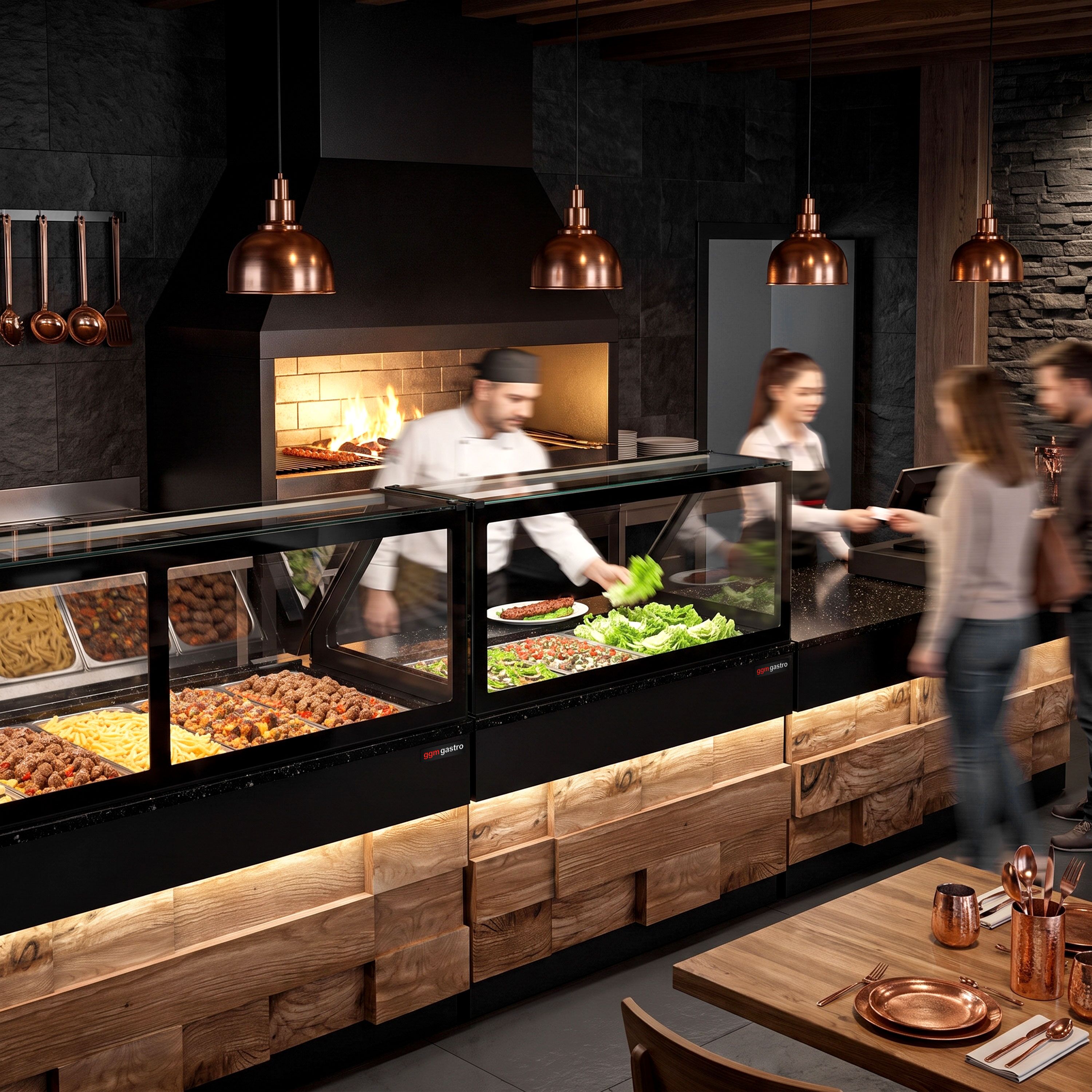Table de caisse TORONTO – 1800 mm – façade en bois – plan de travail en granit Noir