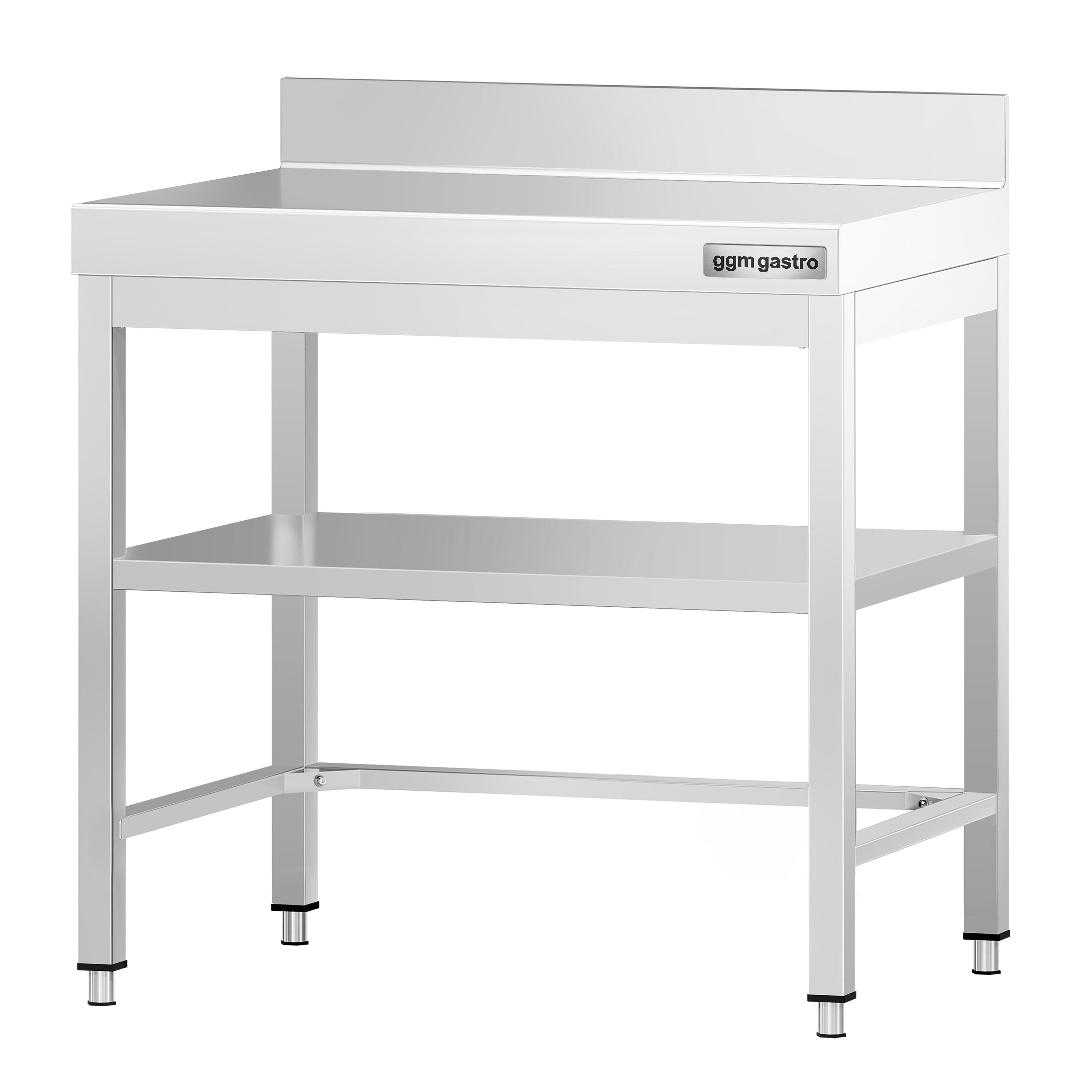 Table de travail en inox PREMIUM – 600x600 mm – avec tablette inférieure, dosseret et renforts