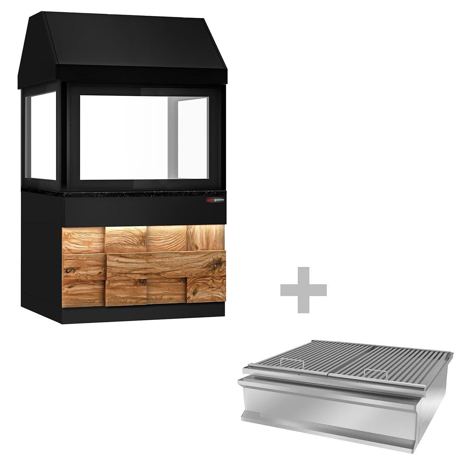 Barbecue au charbon de bois TORONTO – 1100 mm – façade en bois – plan de travail en granit noir – verre de protection thermique