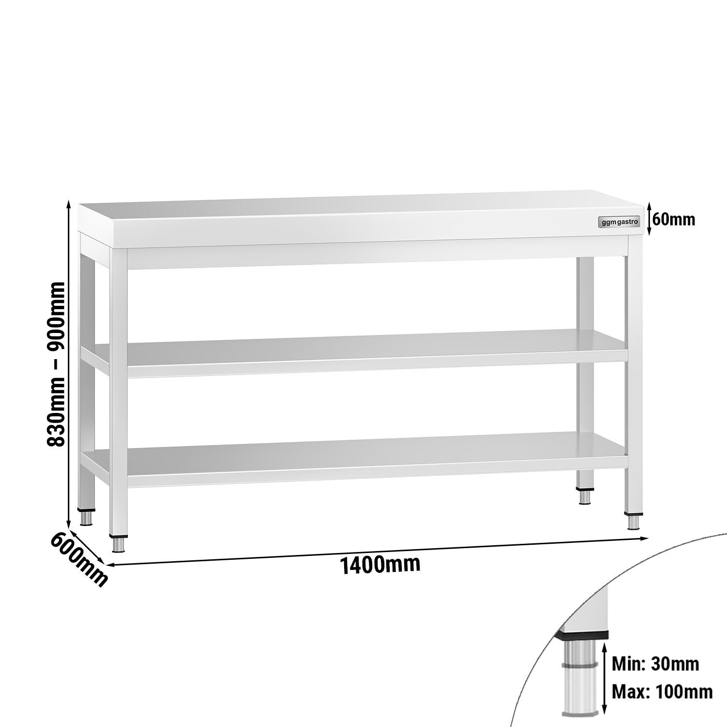 Table de travail inox PREMIUM - 1400 x 600 mm - avec tablette inférieure & Tablette intermédiaire