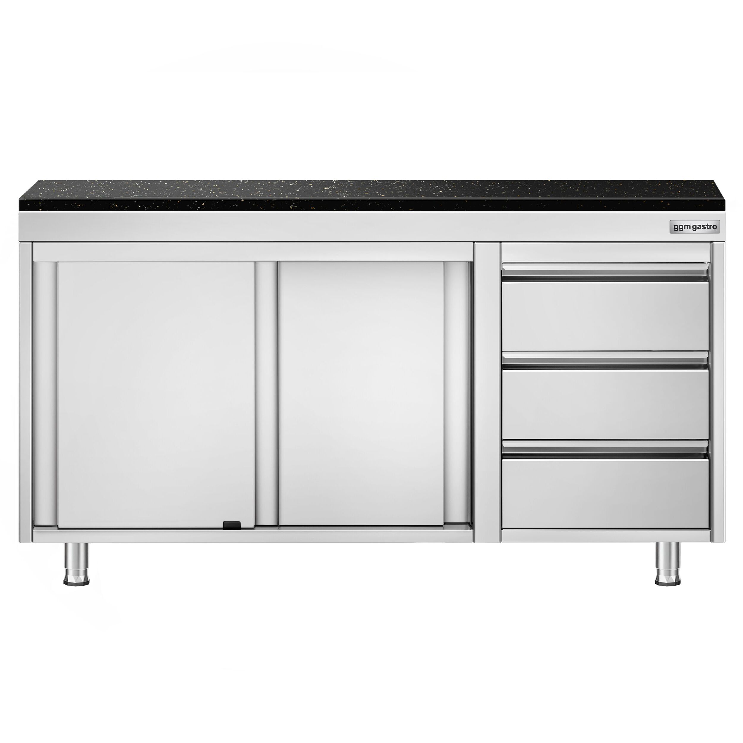Edelstahl Arbeitsschrank PREMIUM - 1400x600mm - mit 3 Schubladen rechts - inkl. Granitarbeitsplatte