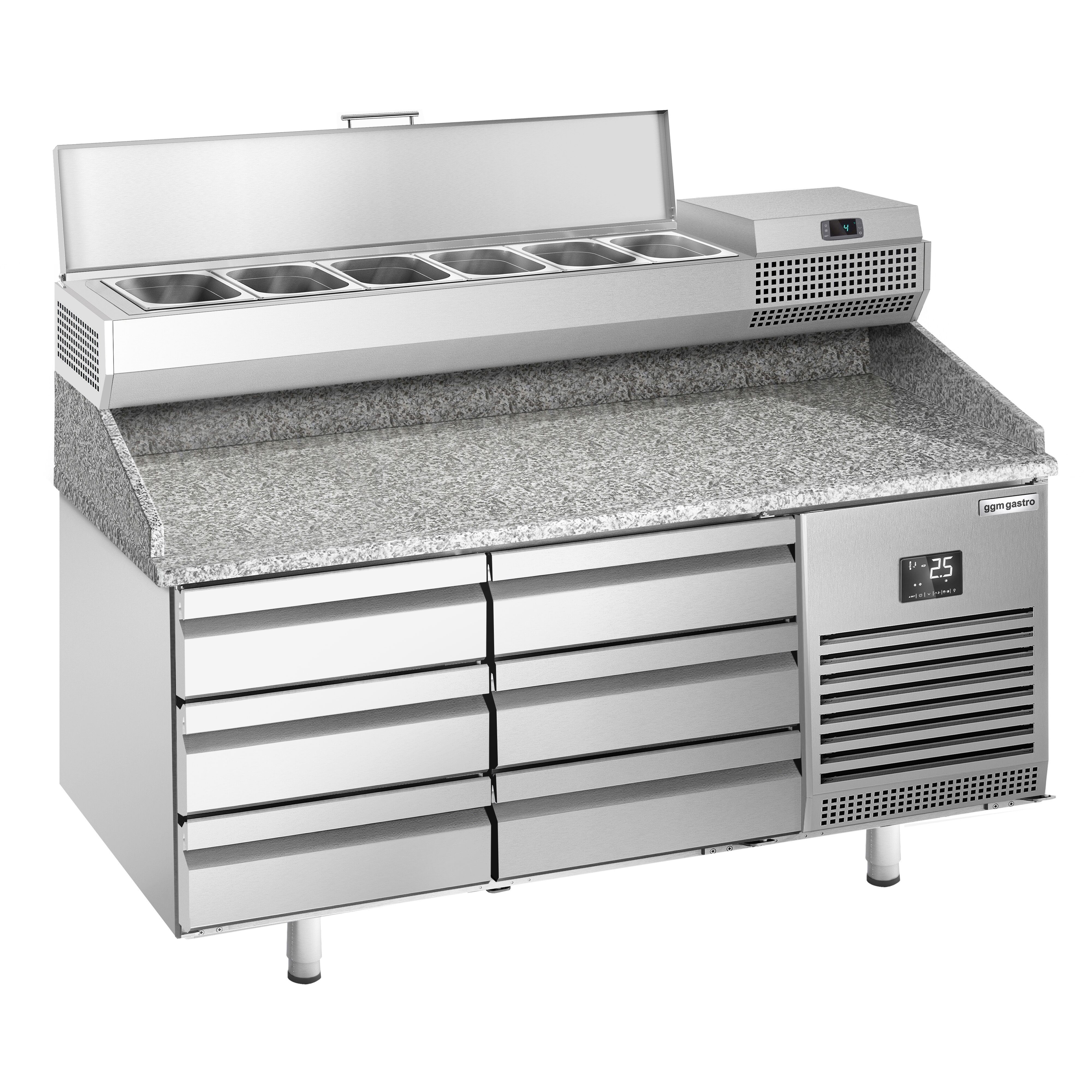 Table réfrigérée à pizza Premium PLUS - 1490x700 mm - avec 6 tiroirs - incl. vitrine réfrigérée - 6x GN 1/4