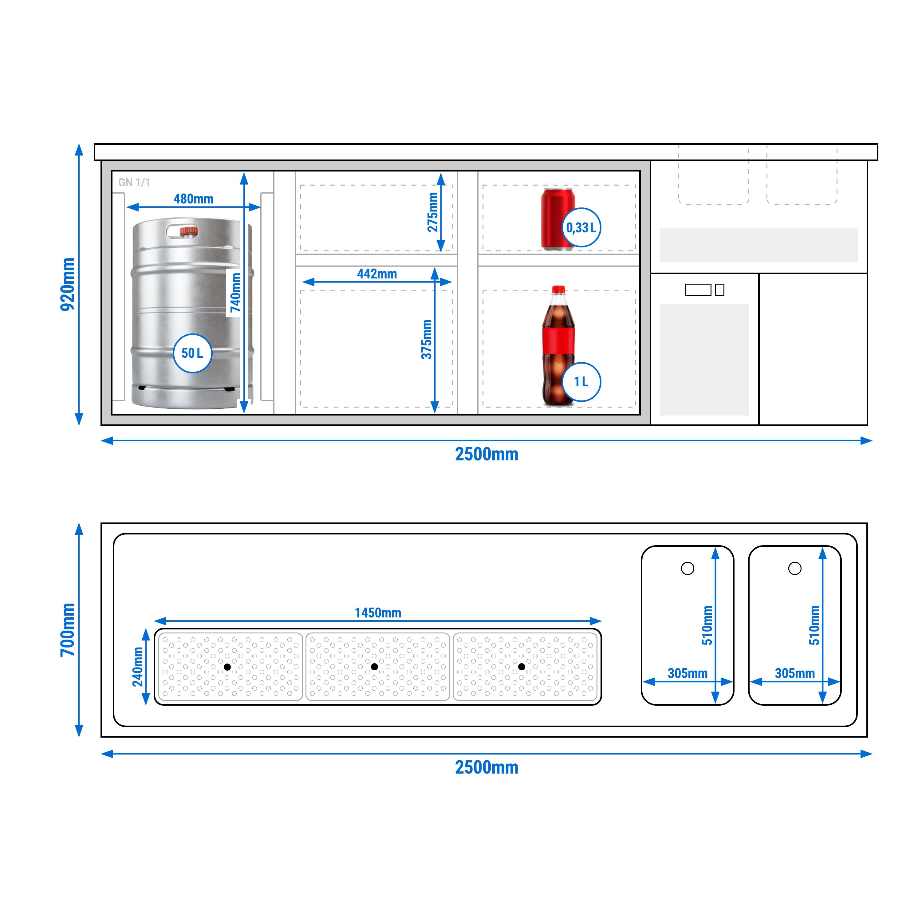 Comptoir de bar réfrigéré Premium PLUS - 2500x700mm - 1 porte & 4 tiroirs