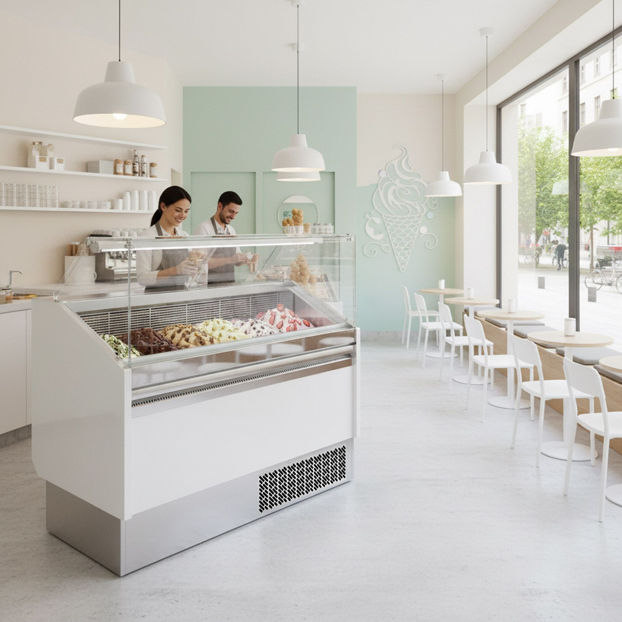 Vitrine à glace LEVI – 1620 mm – refroidissement statique – pour 9+9 bacs à glace de 5 litres – Blanc