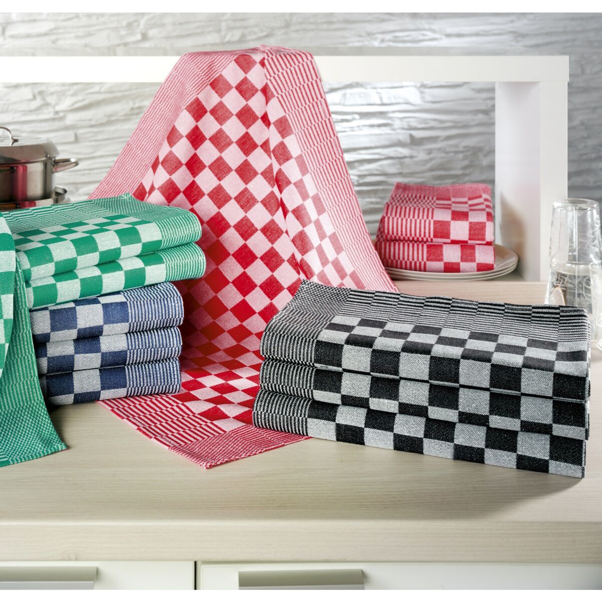 (12 pcs) Torchon à vaisselle en Coton Usage intensif - 65x65cm - Noir / Blanc à carreaux