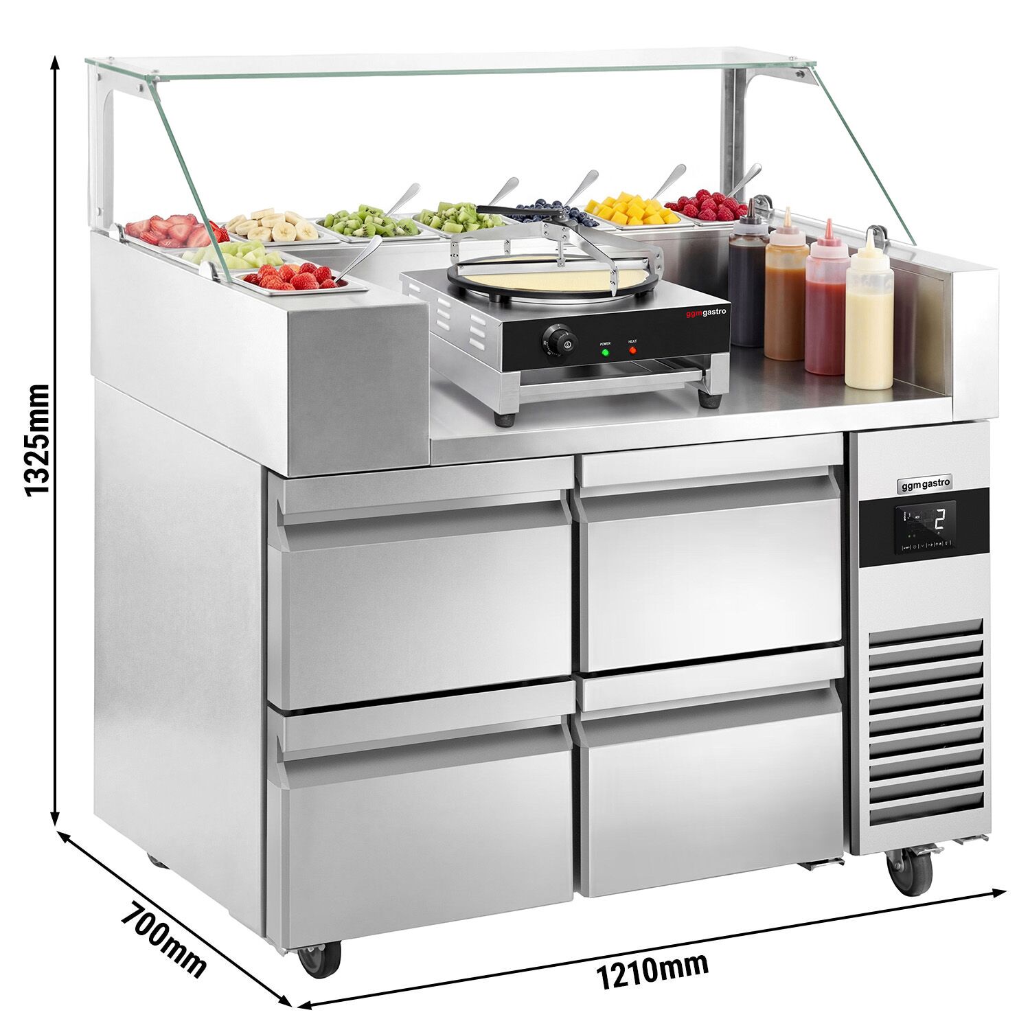 Table de préparation – 1210 mm – 4 tiroirs – pour 9 bacs GN 1/6 – incl. appareil à crêpes & répartiteur de pâte